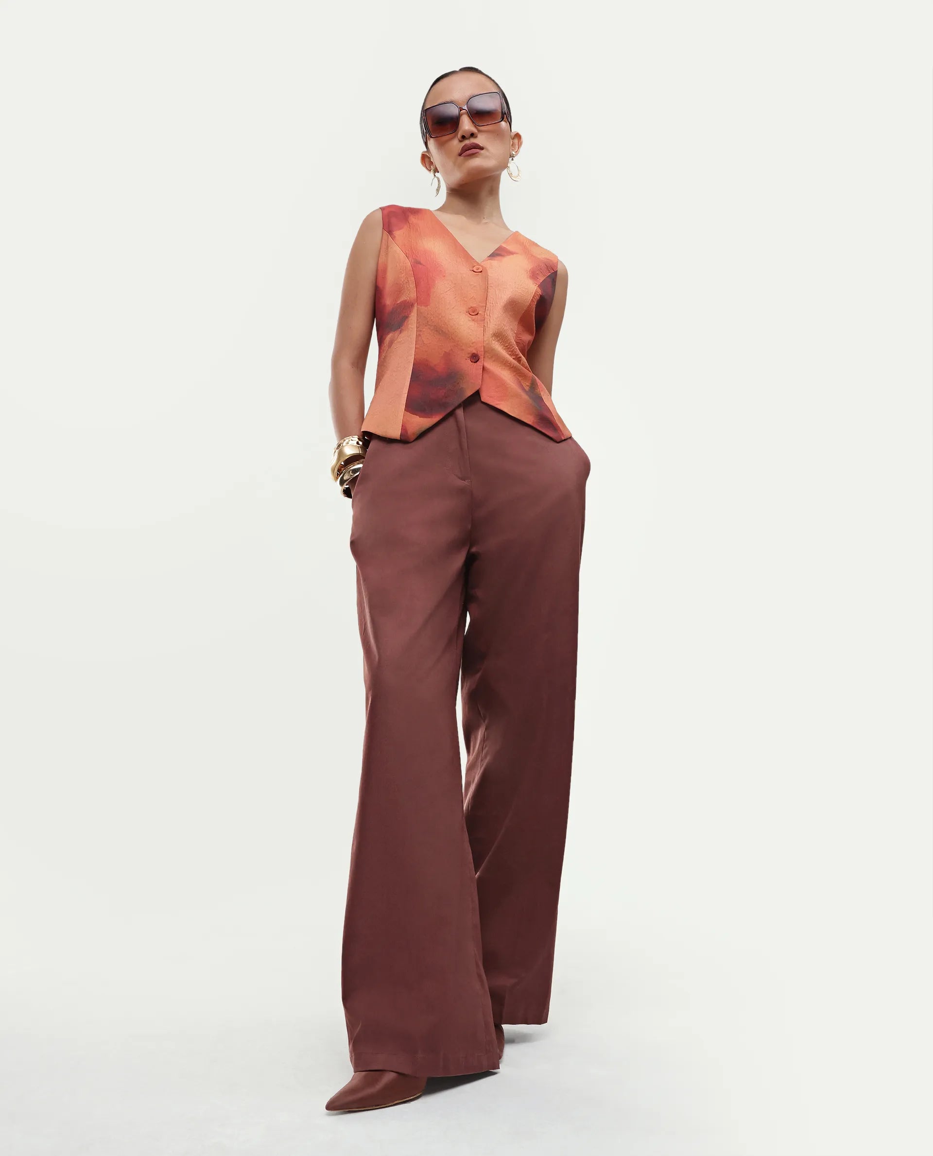 Rareism Women's Glyn-B Rust Cotton Button And Zip Wide Trouser