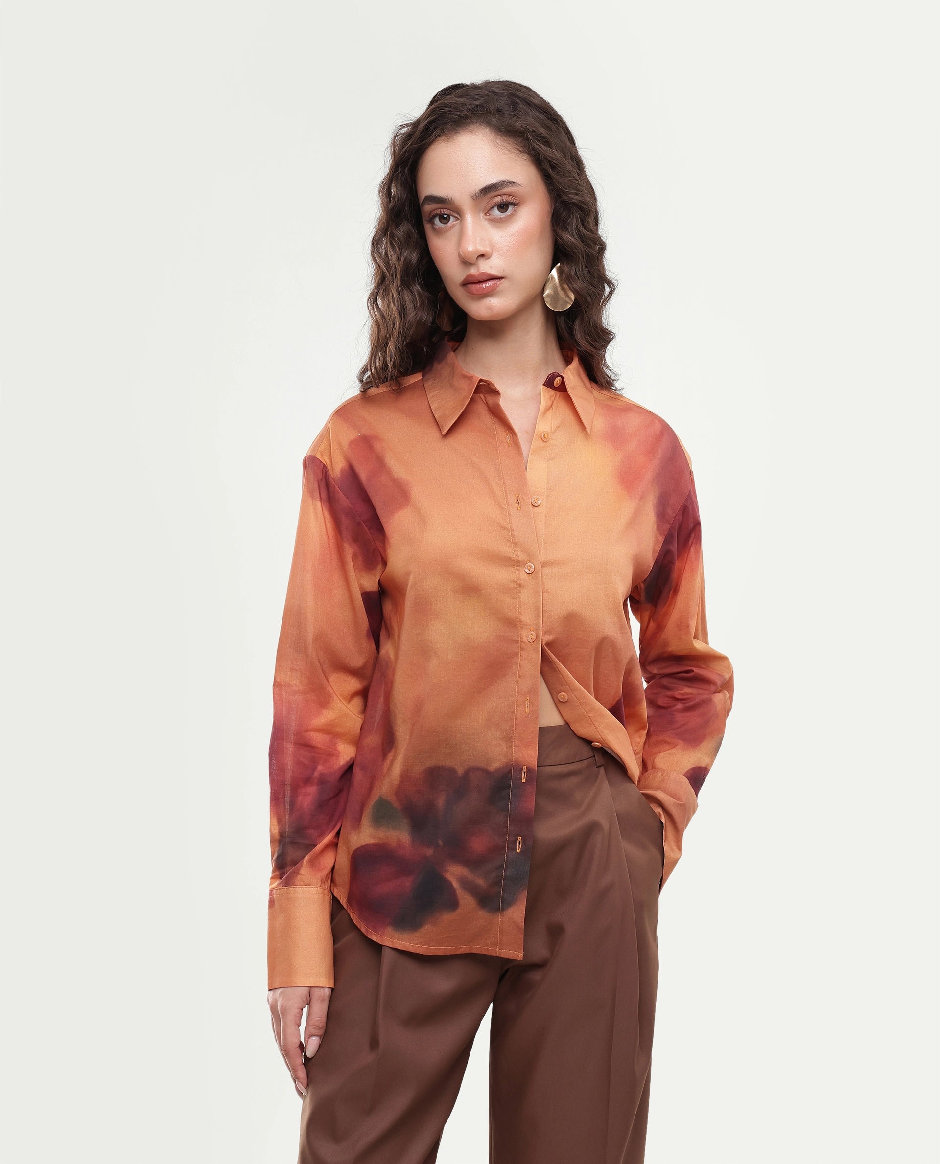 Rareism Women's Goss Rust Abstract Print Cotton Relaxed Fit Long Sleeve Shirt