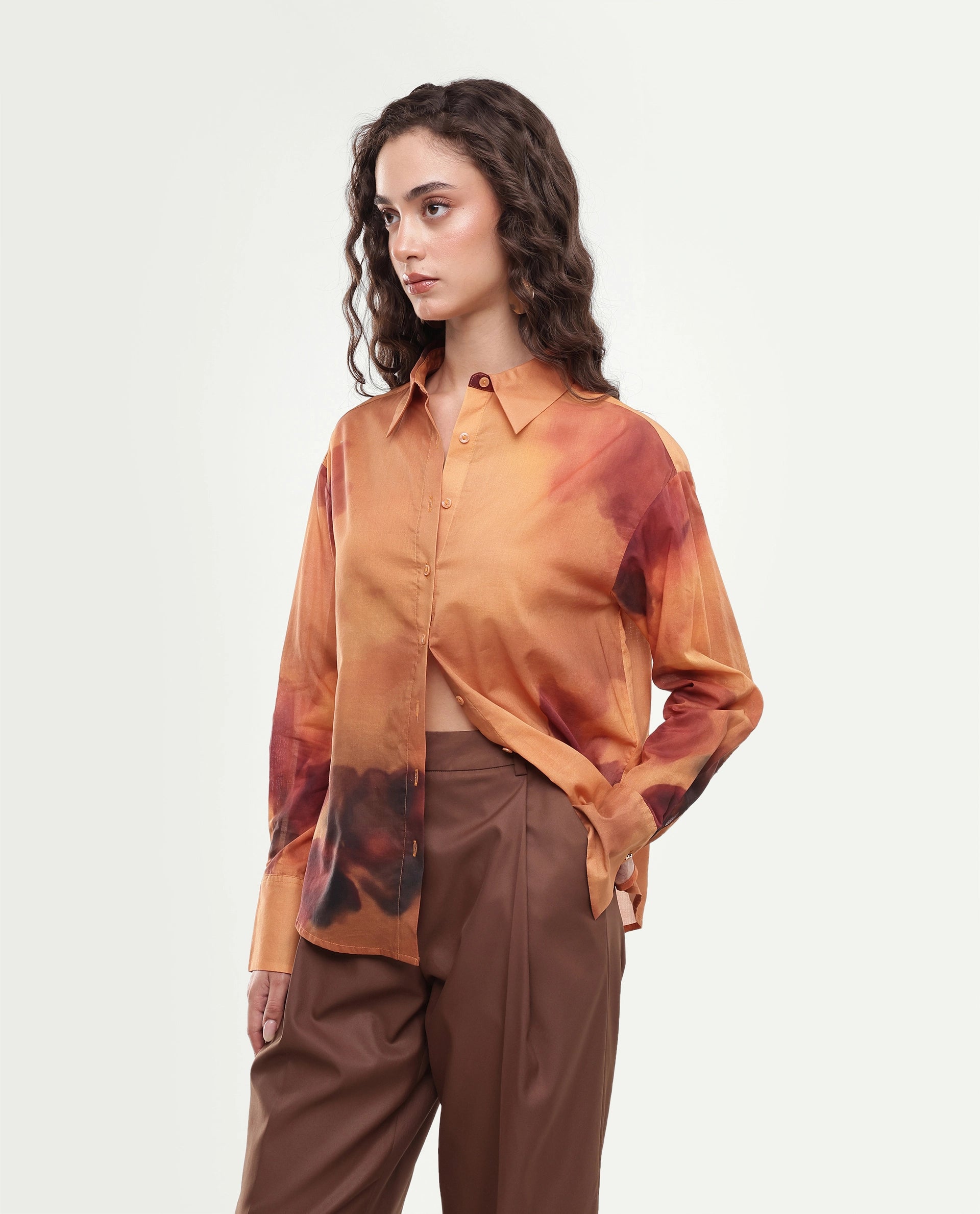 Rareism Women's Goss Rust Abstract Print Cotton Relaxed Fit Long Sleeve Shirt