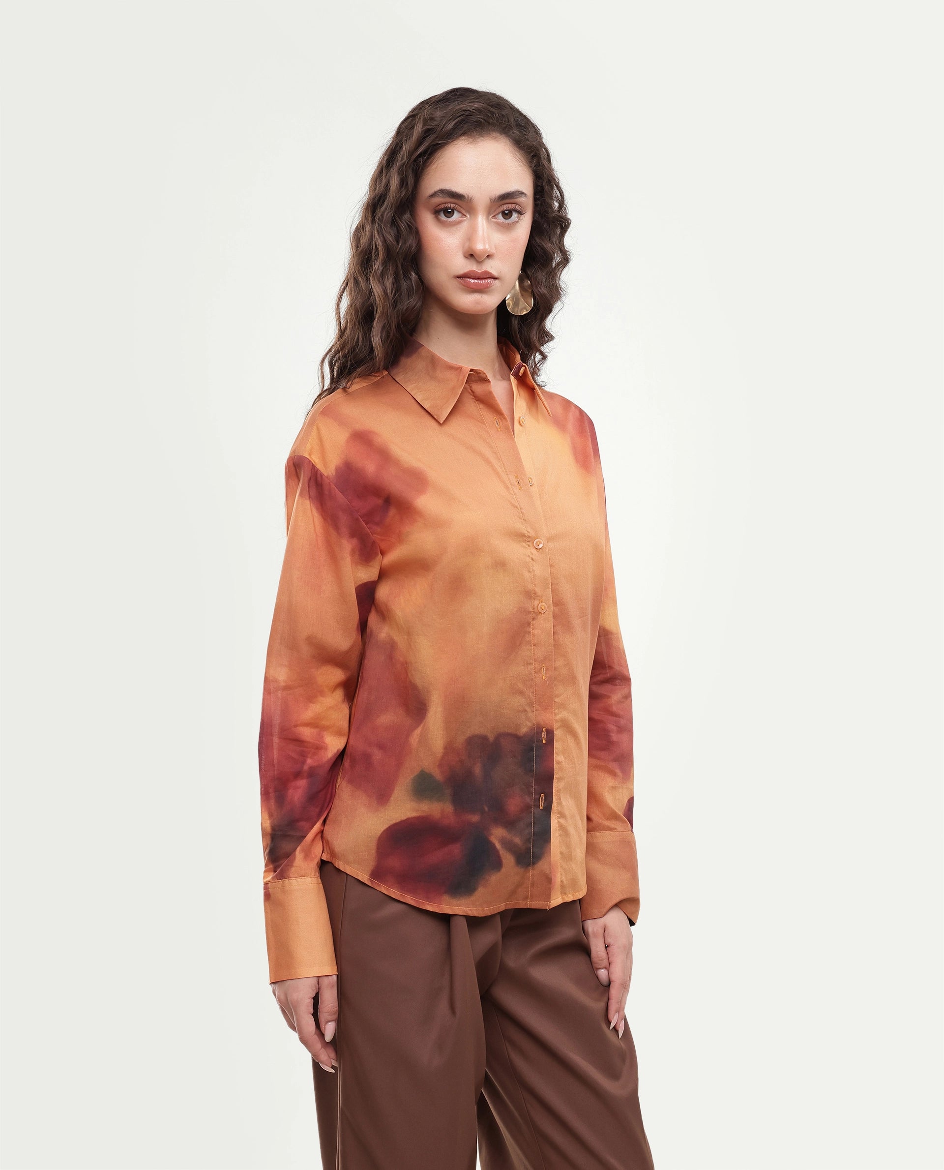 Rareism Women's Goss Rust Abstract Print Cotton Relaxed Fit Long Sleeve Shirt
