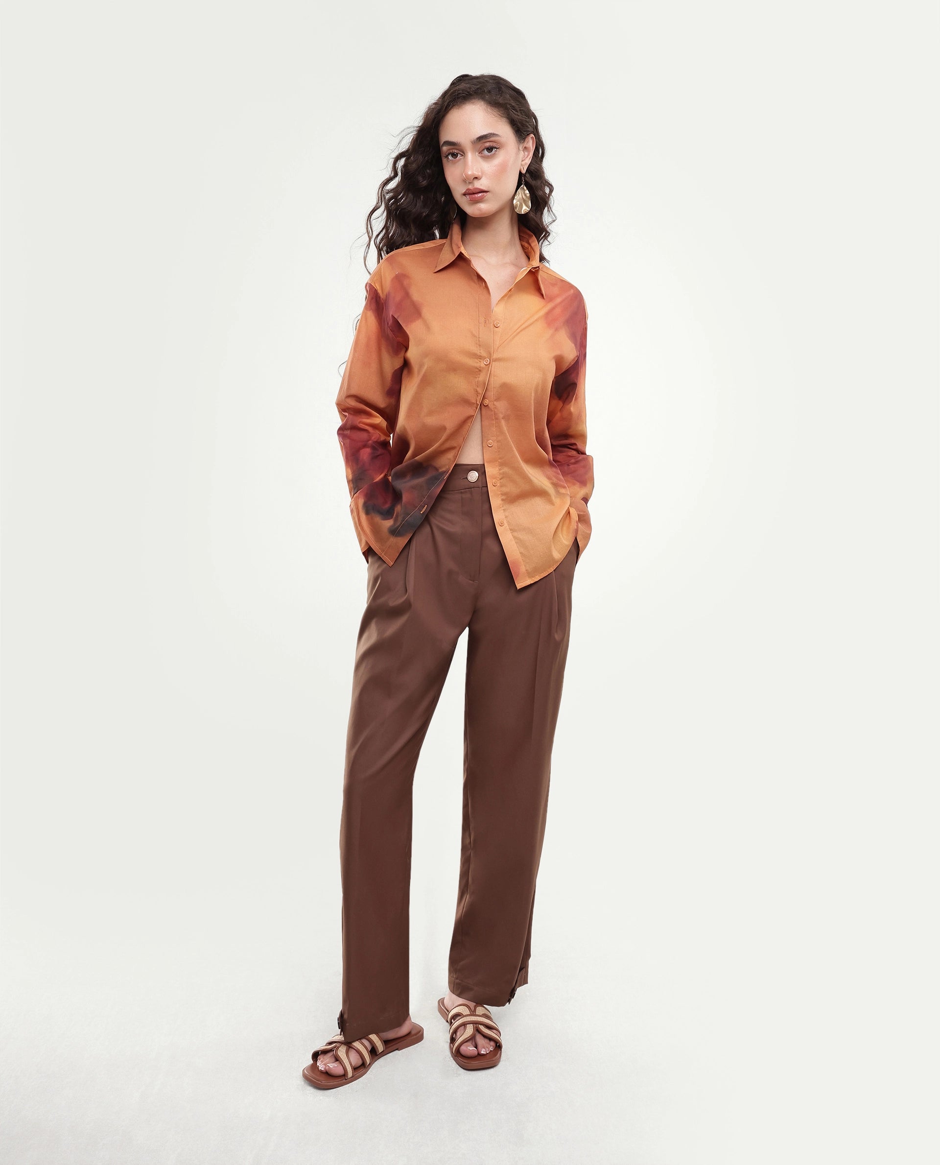 Rareism Women's Goss Rust Abstract Print Cotton Relaxed Fit Long Sleeve Shirt