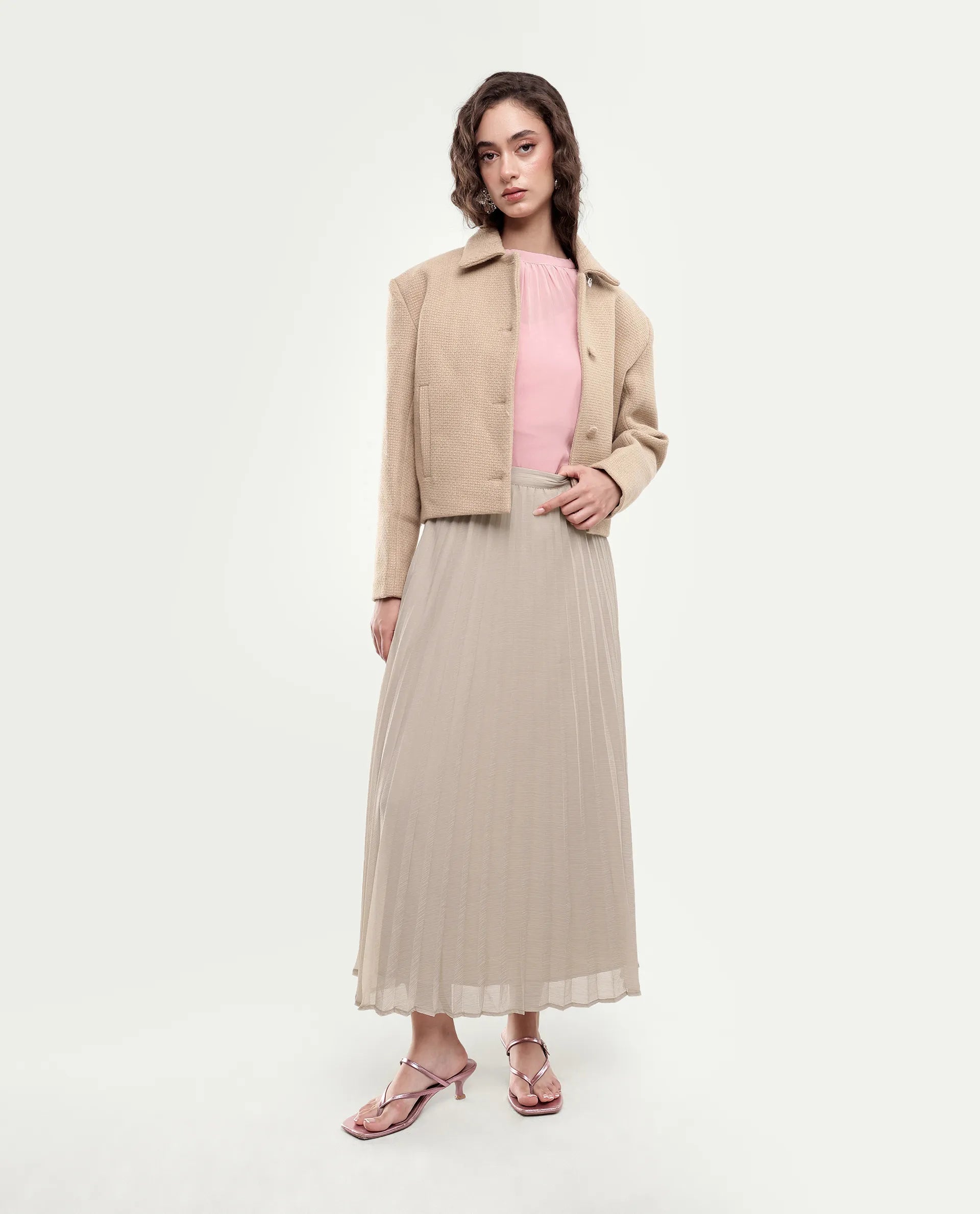 Rareism Women's Gaze (Rsm) Beige Polyester Elastic Flared Skirt