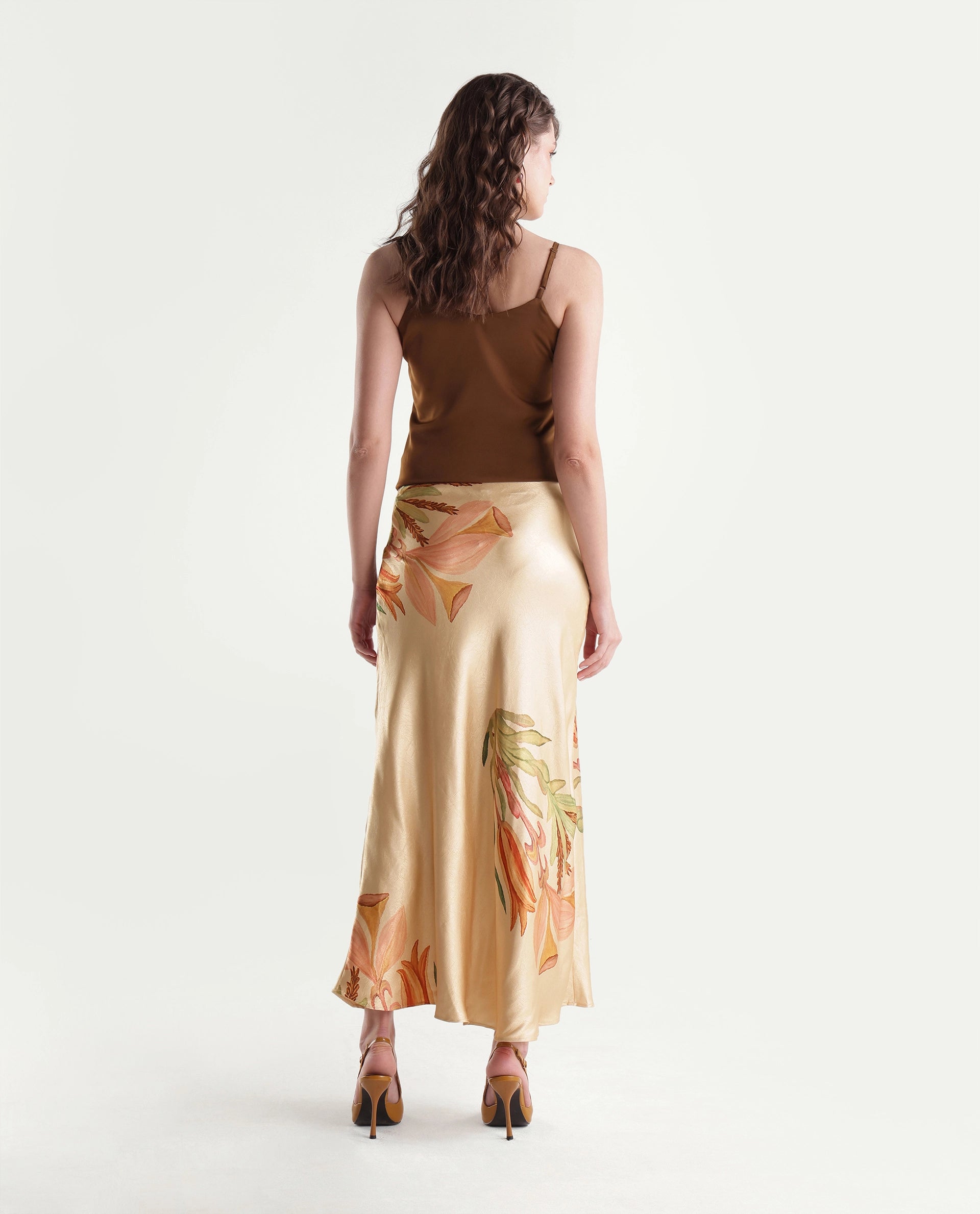 Rareism Women's Gale-B Beige Polyester Elastic Flared Printed Skirt