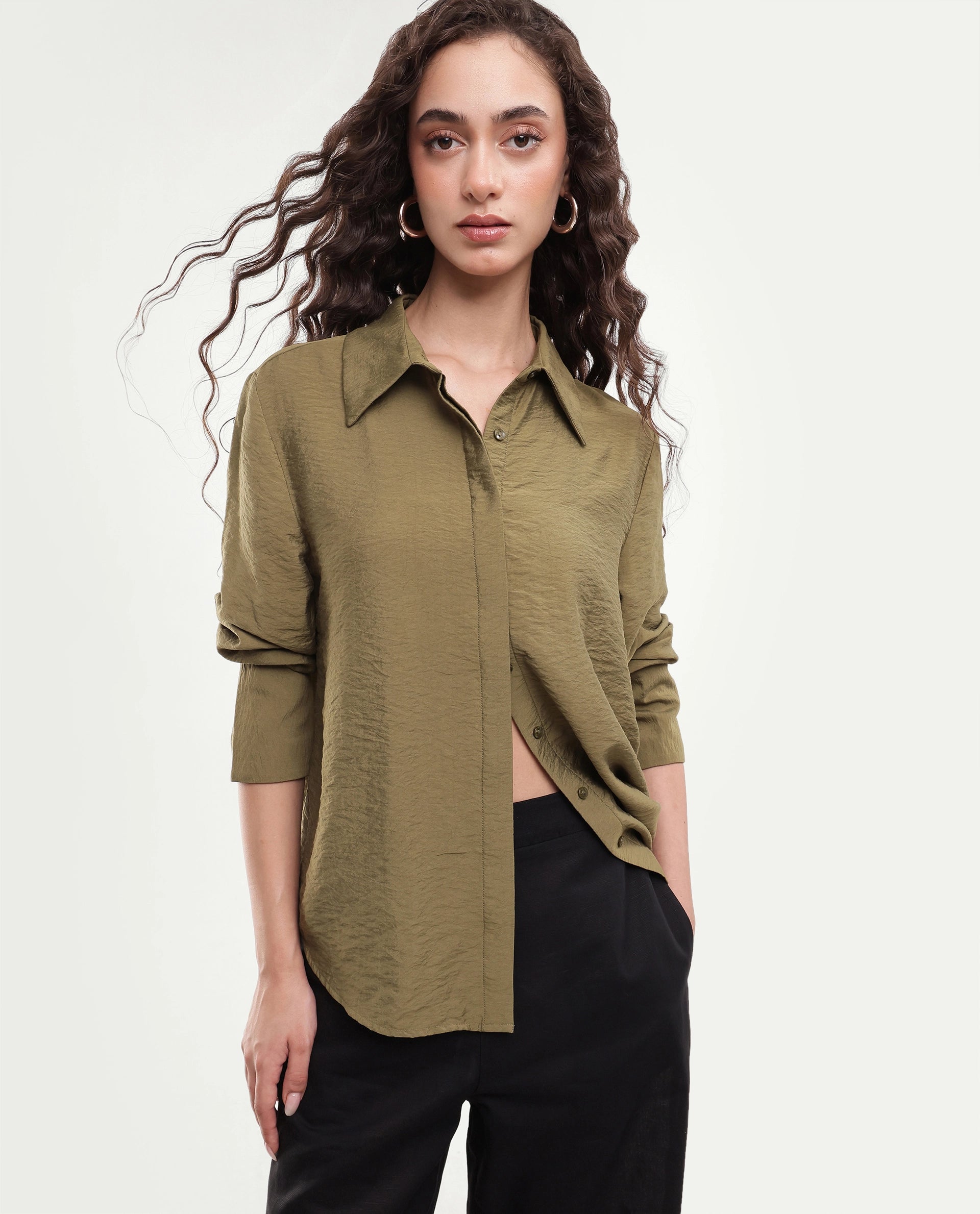 Rareism Women's Gini Olive Plain Viscose Blend Regular Long Sleeves Shirt