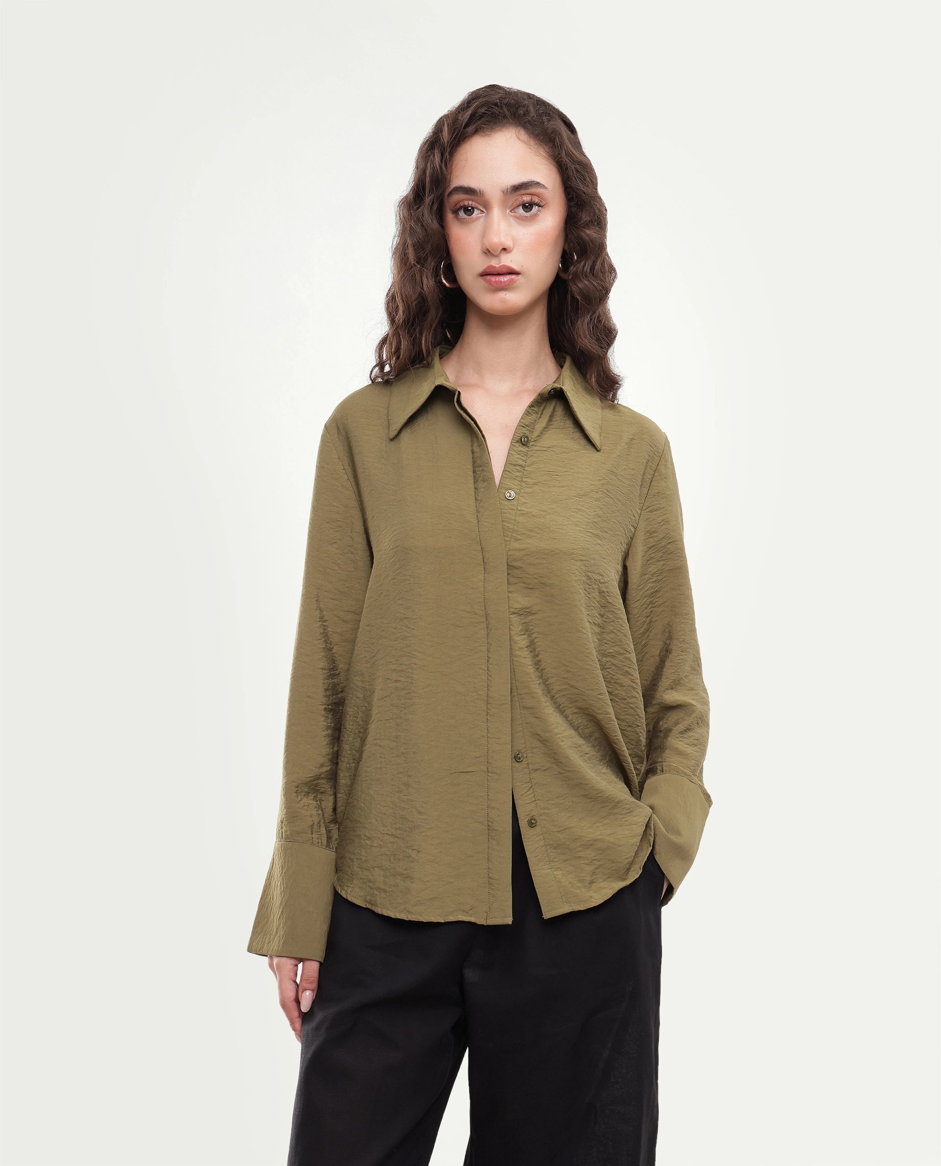 Rareism Women's Gini Olive Plain Viscose Blend Regular Long Sleeves Shirt