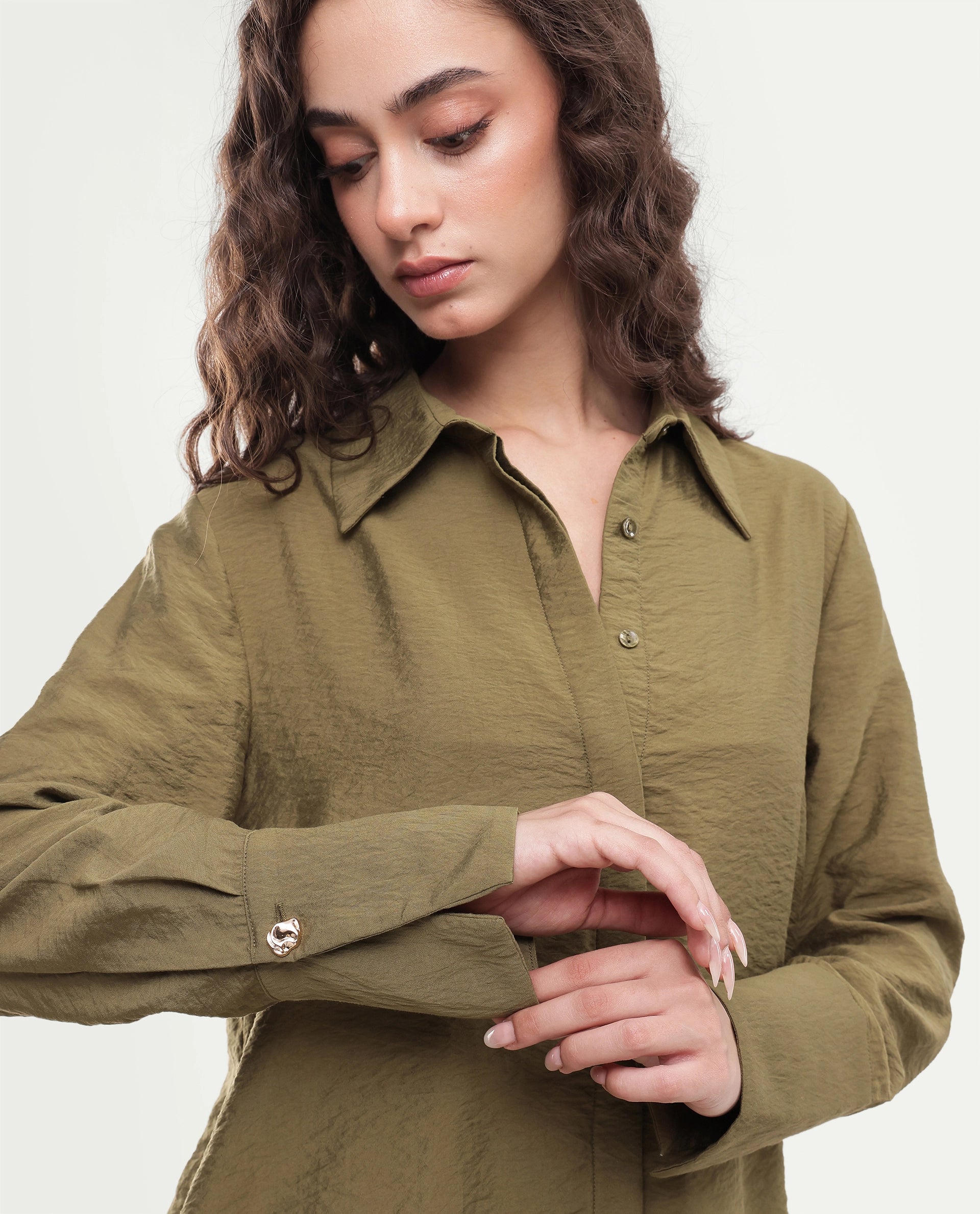 Rareism Women's Gini Olive Plain Viscose Blend Regular Long Sleeves Shirt