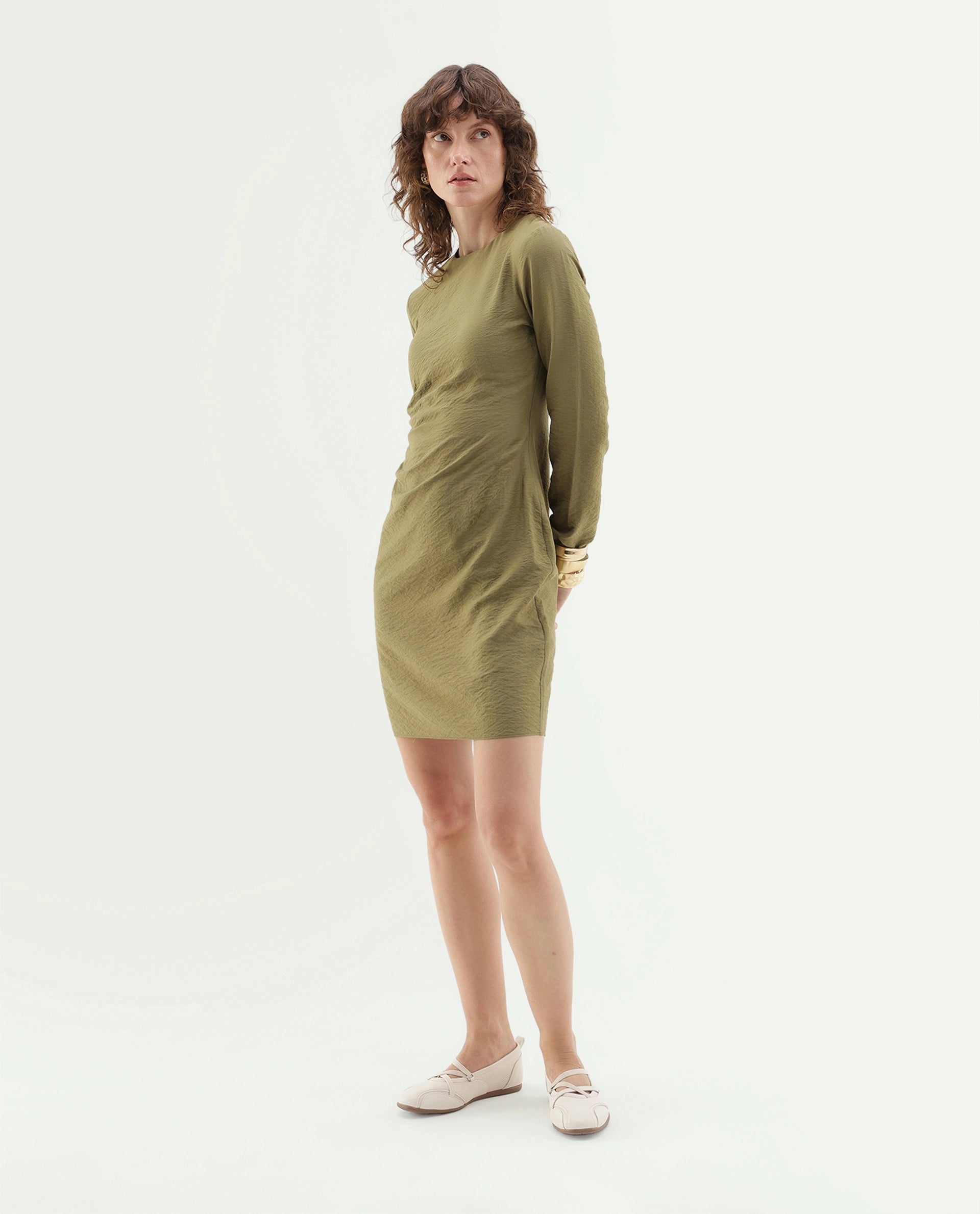 Rareism Women's Ginik Olive Viscose Blend Button Balloon Dress