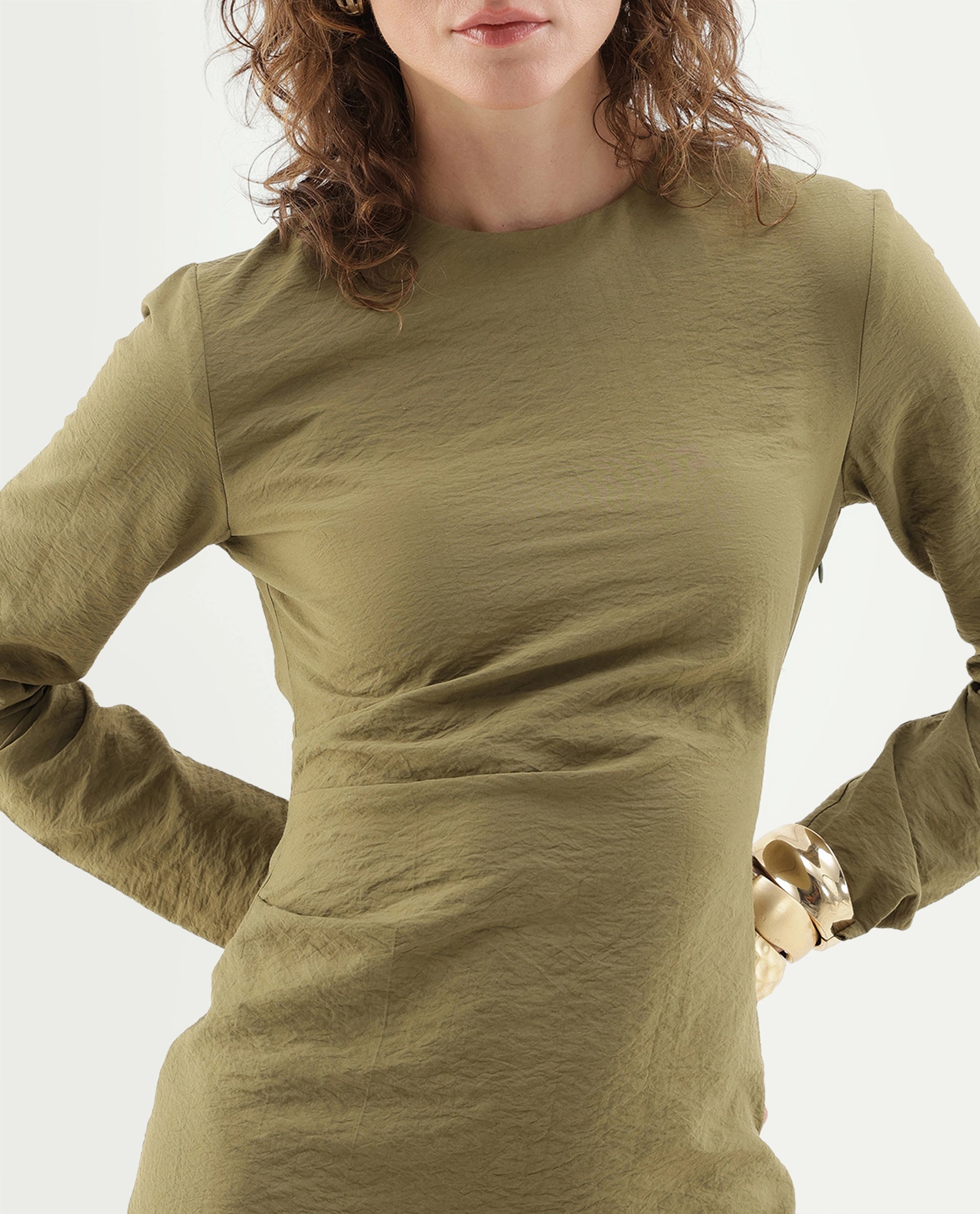Rareism Women's Ginik Olive Viscose Blend Button Balloon Dress
