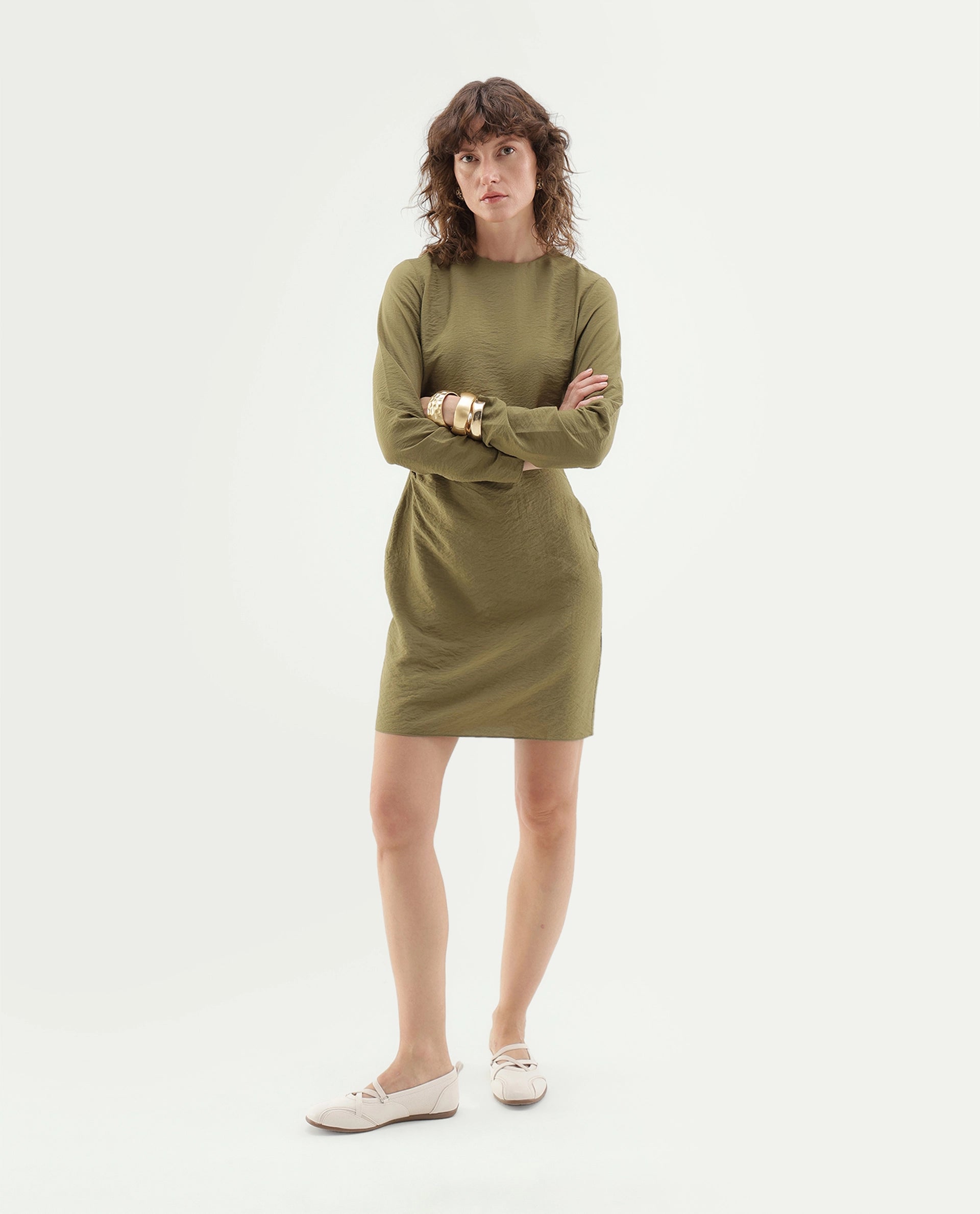 Rareism Women's Ginik Olive Viscose Blend Button Balloon Dress