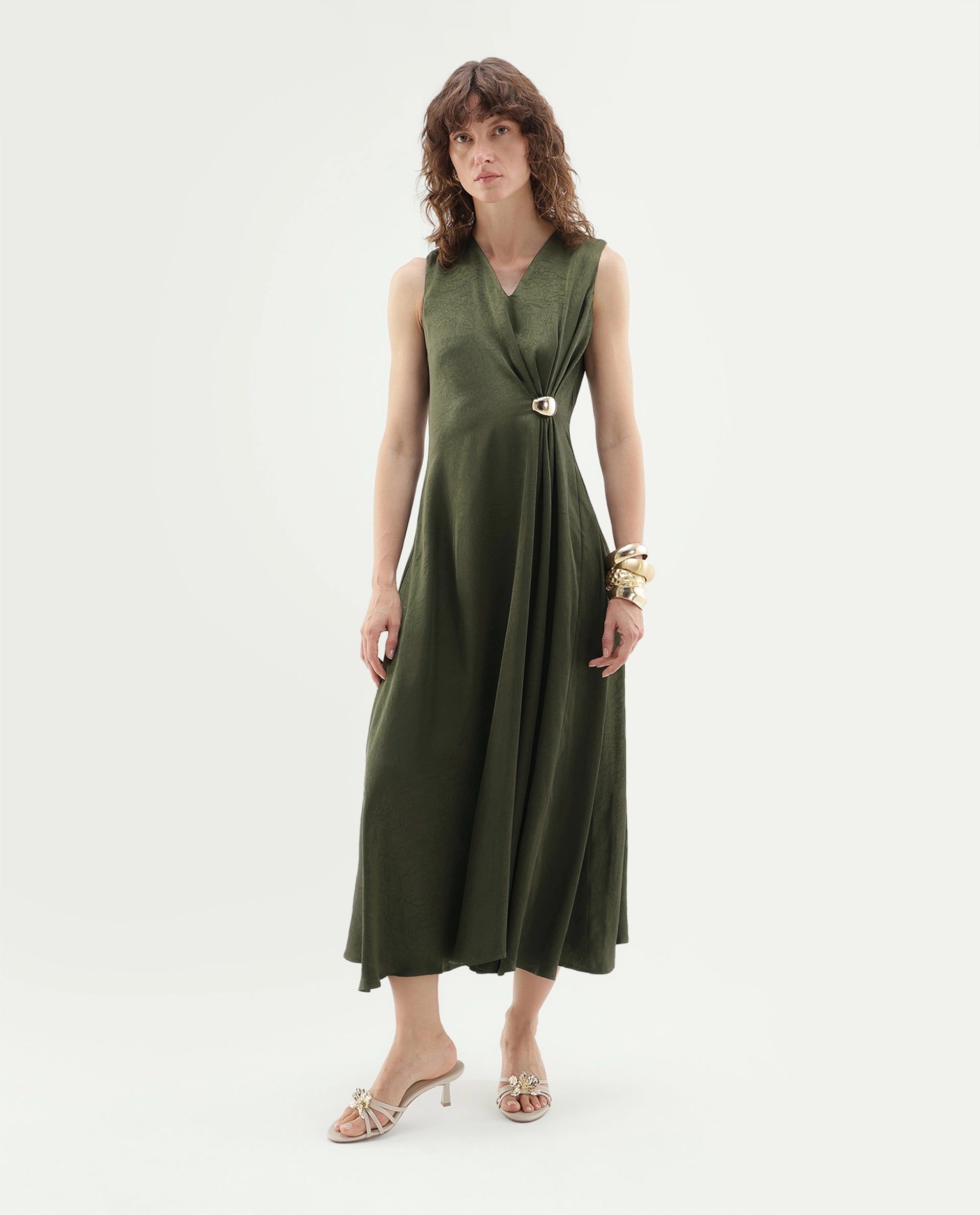Rareism Women's Glani Dark Olive Polyester Button And Zip Flared Dress