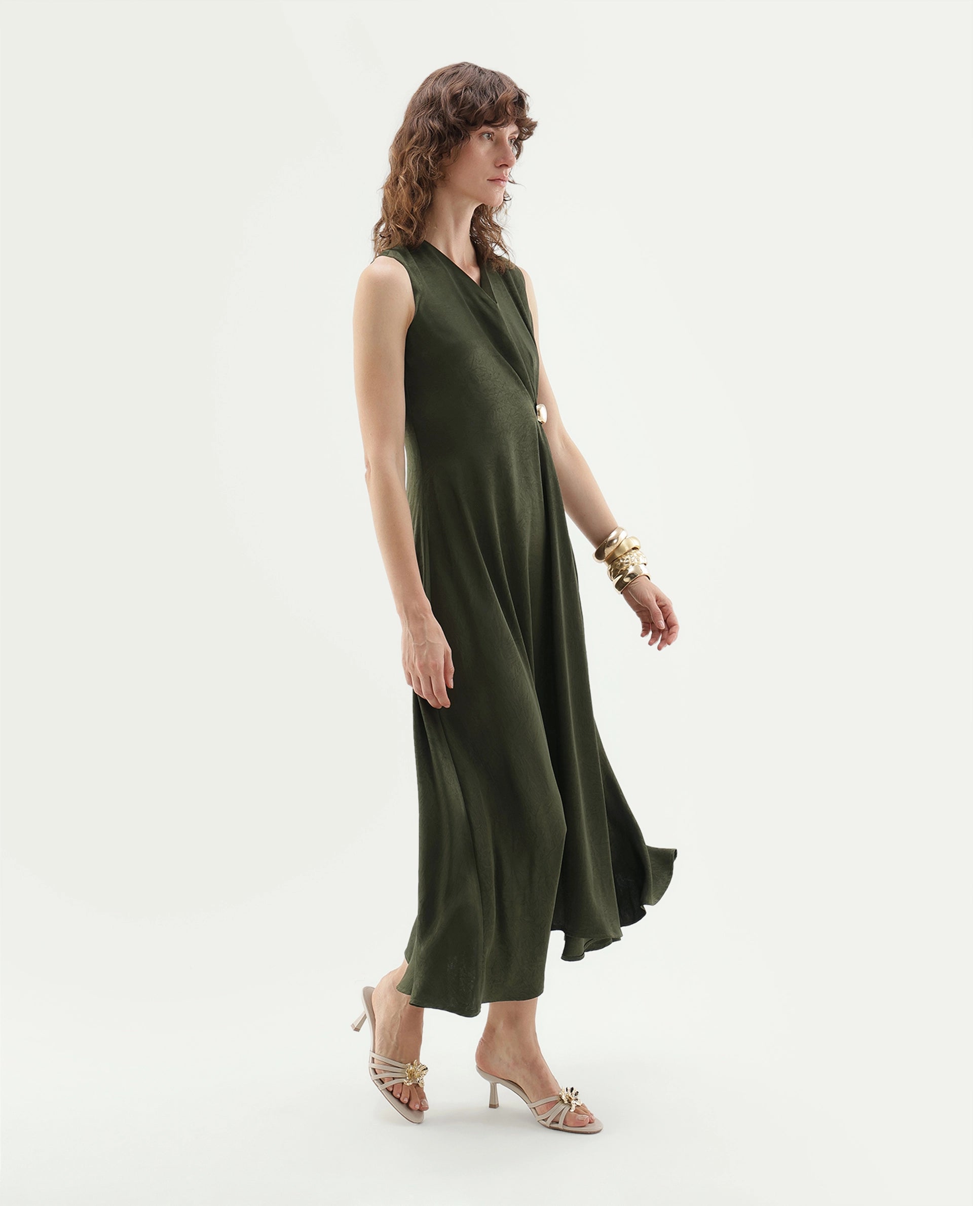 Rareism Women's Glani Dark Olive Polyester Button And Zip Flared Dress