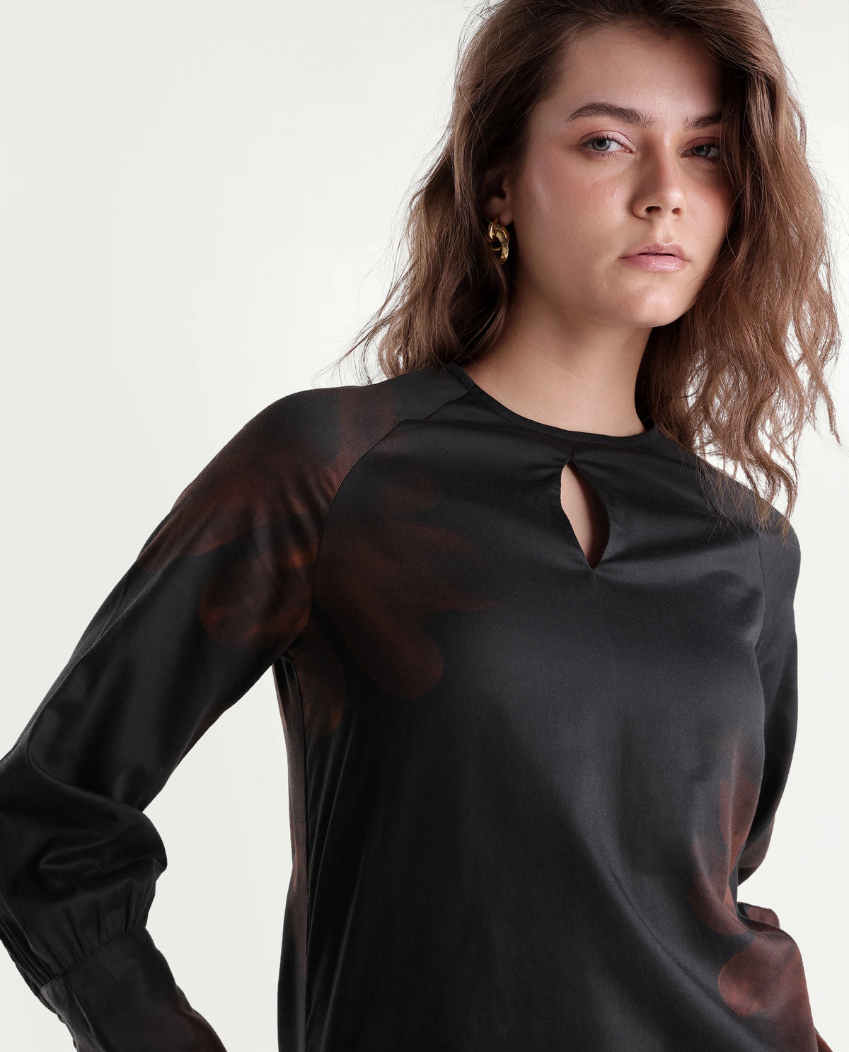 Rareism Women's Gren Brown Cotton Blend Button Regular Fit Floral Print Top