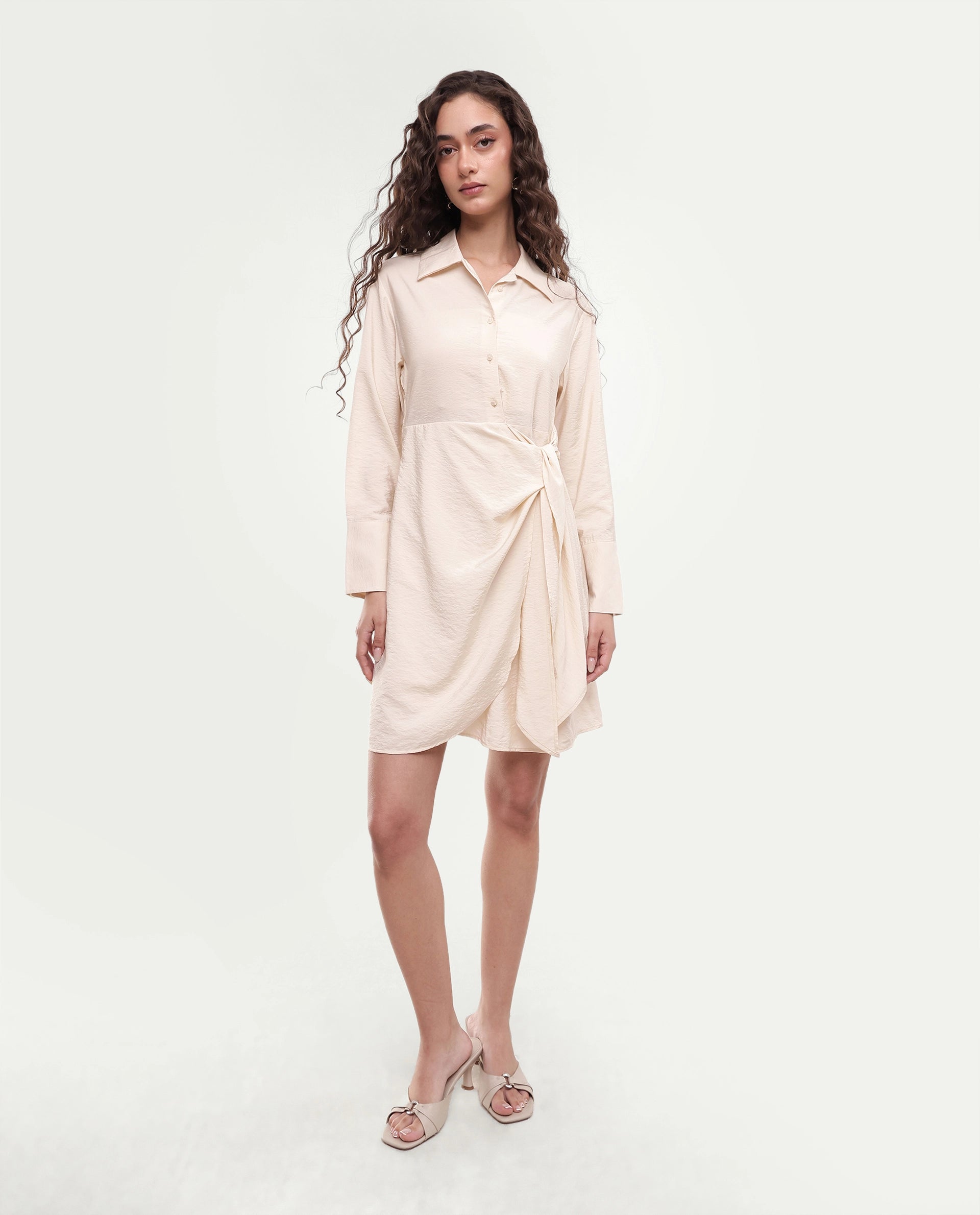 Rareism Women's Geek Beige Viscose Blend Tie-Up Regular Fit Dress