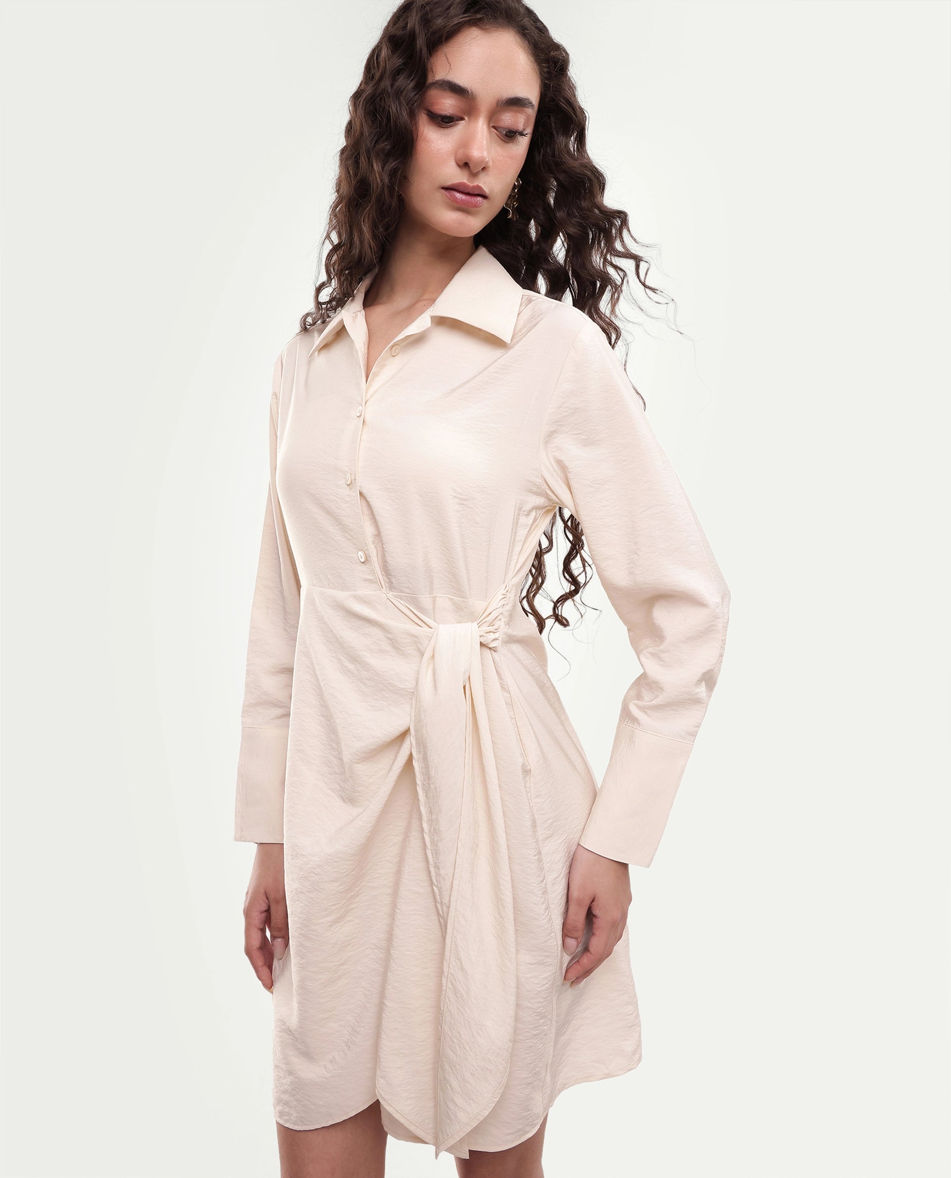 Rareism Women's Geek Beige Viscose Blend Tie-Up Regular Fit Dress