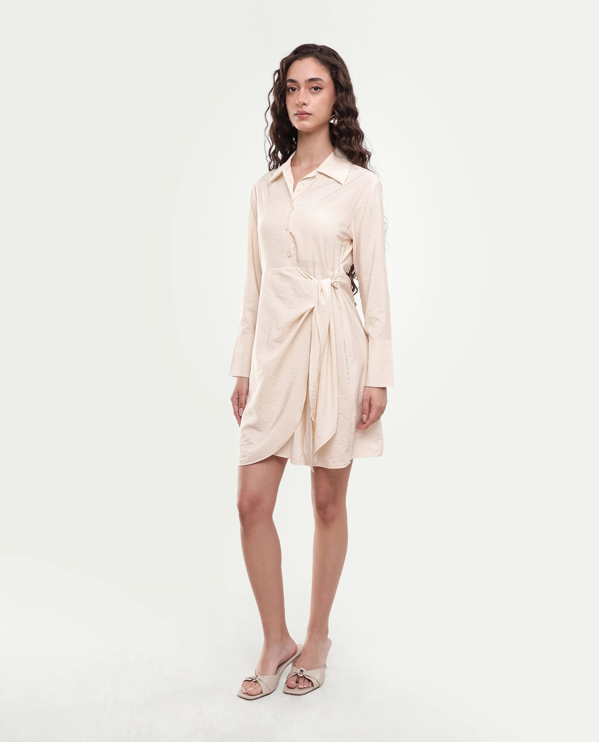 Rareism Women's Geek Beige Viscose Blend Tie-Up Regular Fit Dress