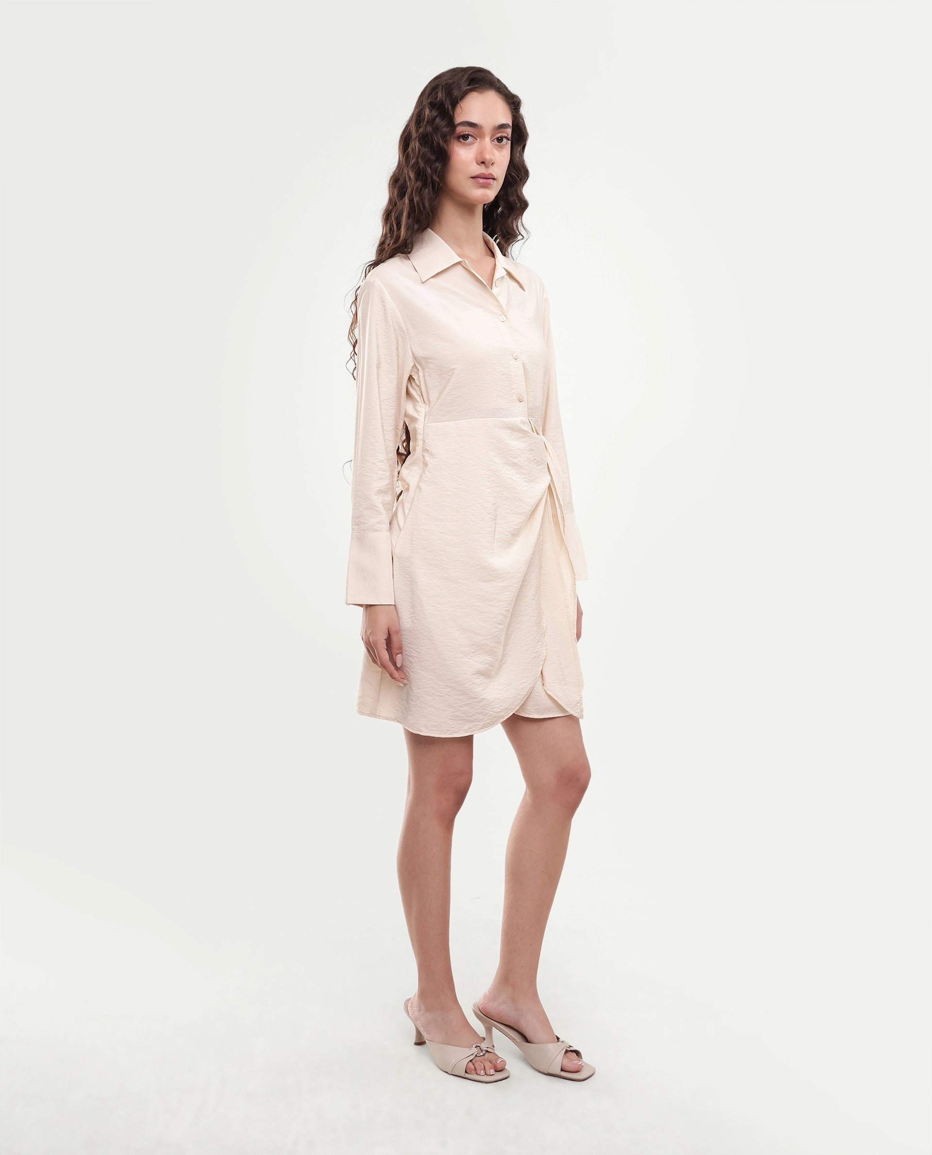 Rareism Women's Geek Beige Viscose Blend Tie-Up Regular Fit Dress