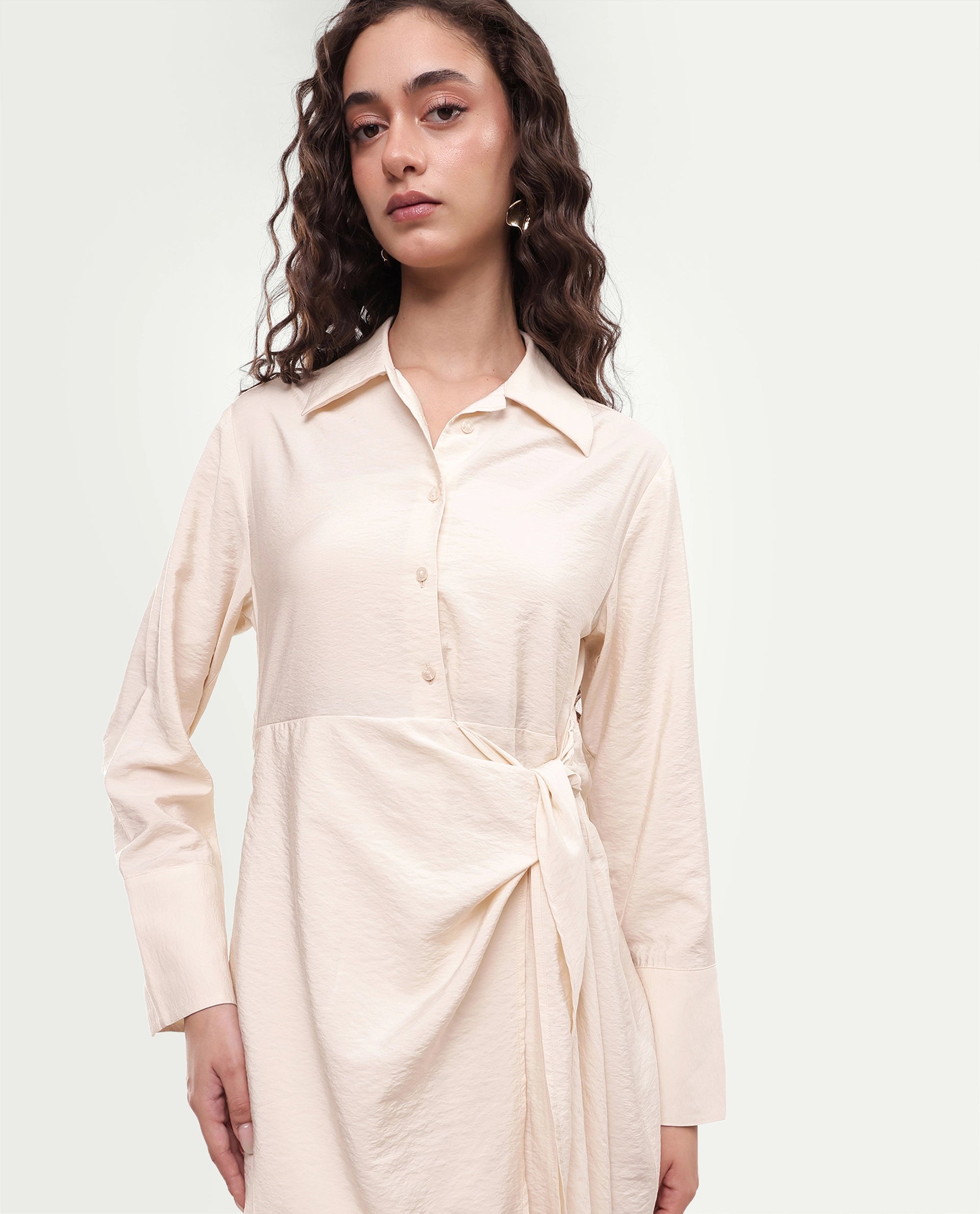 Rareism Women's Geek Beige Viscose Blend Tie-Up Regular Fit Dress