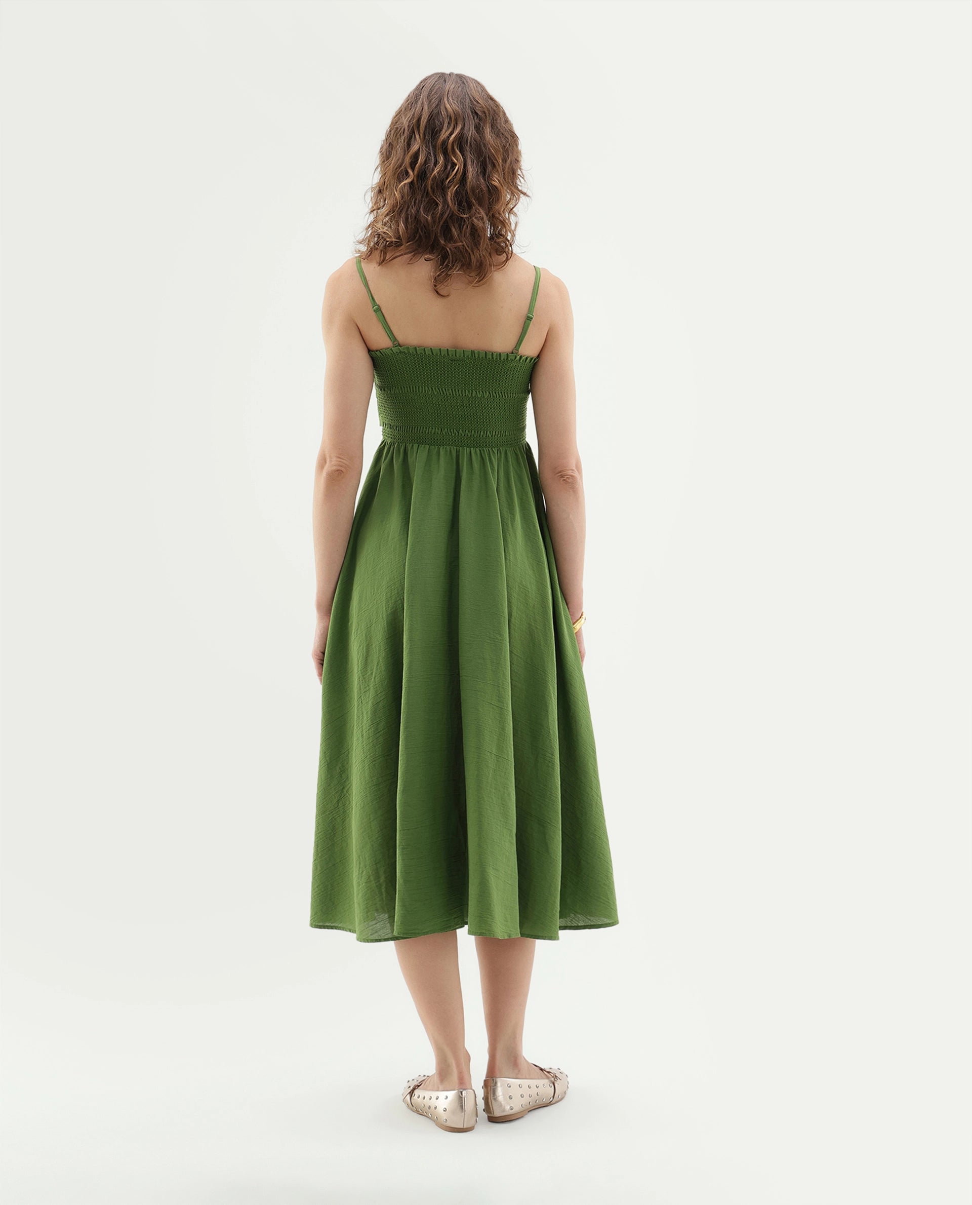Rareism Women's Girty Green Cotton Elastic Fit And Flare Dress
