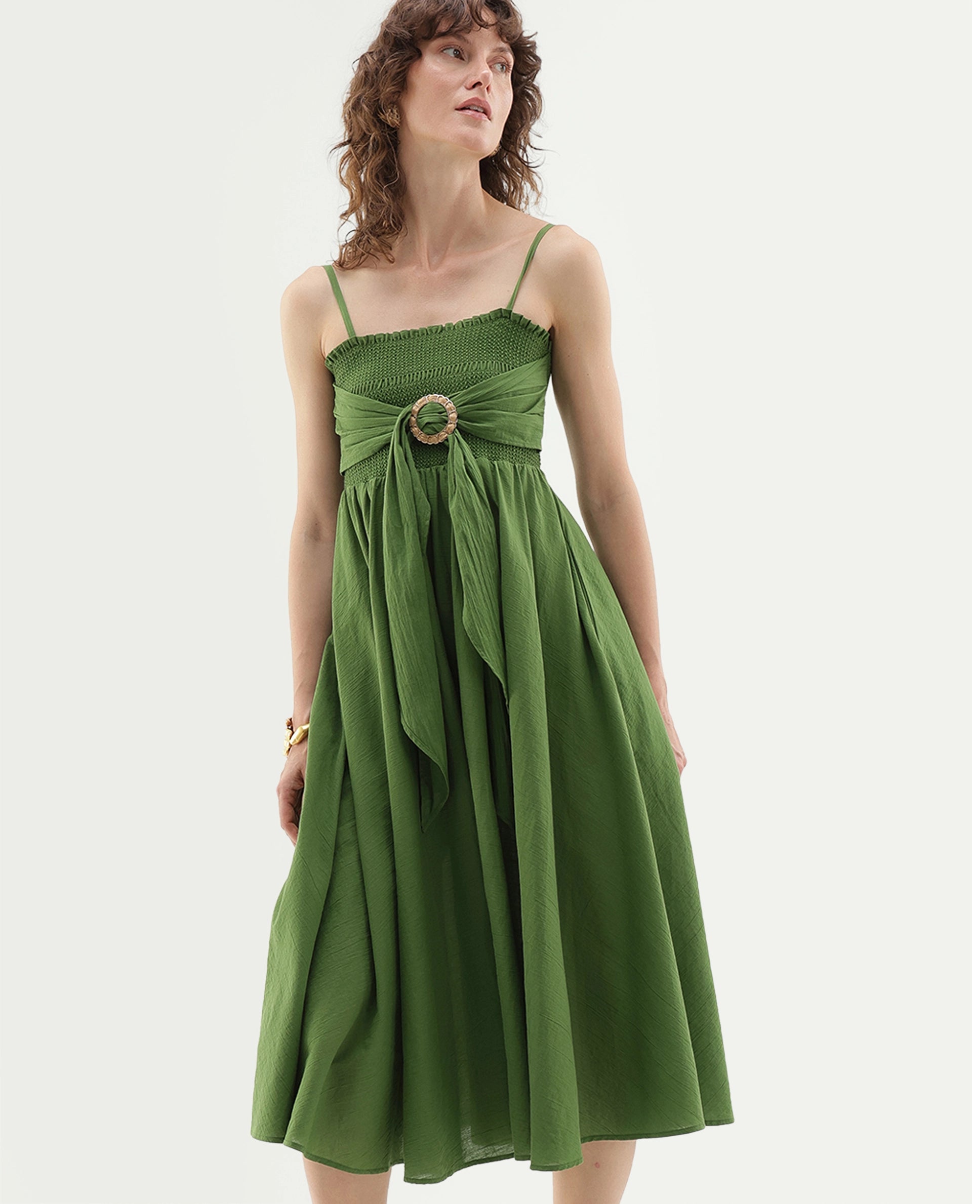 Rareism Women's Girty Green Cotton Elastic Fit And Flare Dress