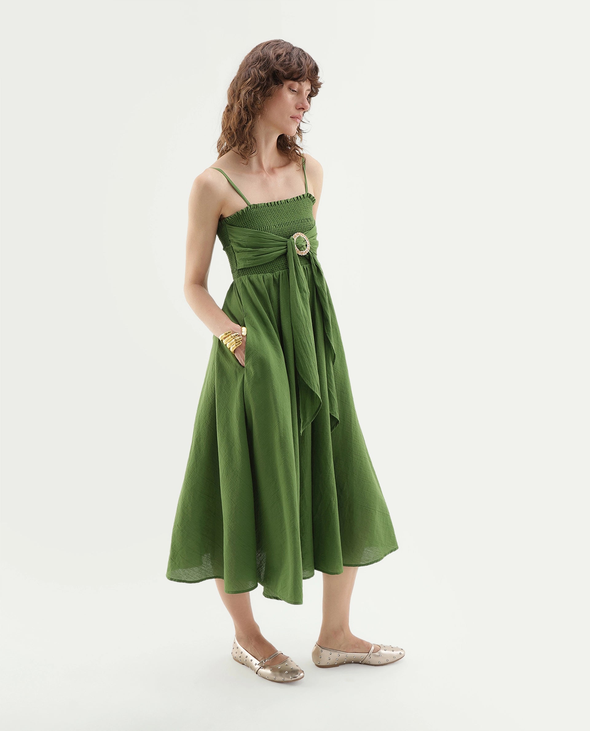 Rareism Women's Girty Green Cotton Elastic Fit And Flare Dress