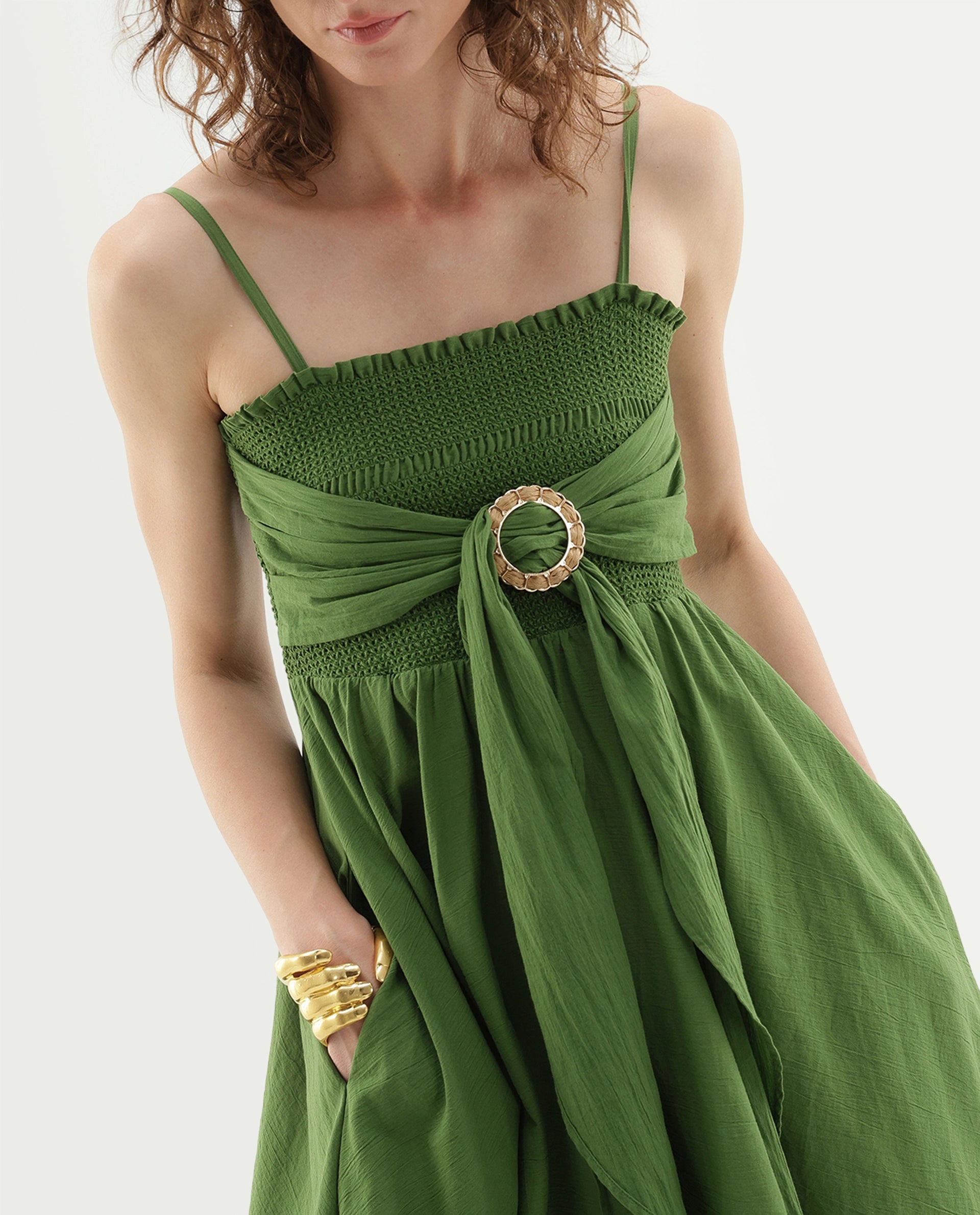 Rareism Women's Girty Green Cotton Elastic Fit And Flare Dress
