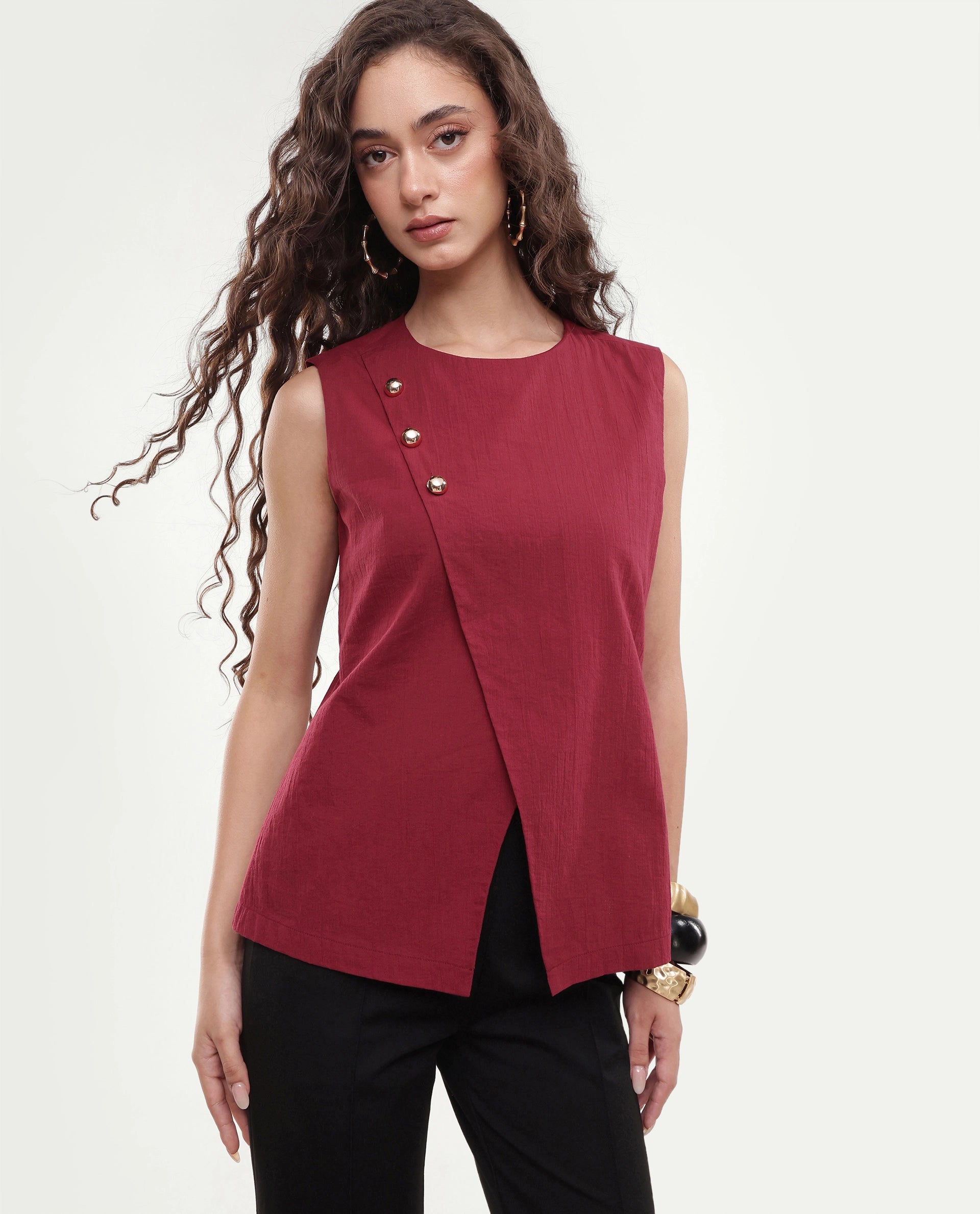 Rareism Women's Fent Dark Red Cotton Button Shift Top