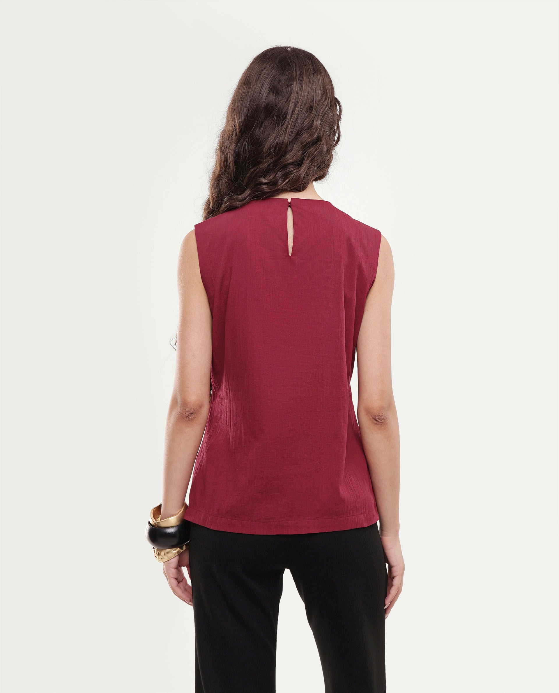 Rareism Women's Fent Dark Red Cotton Button Shift Top