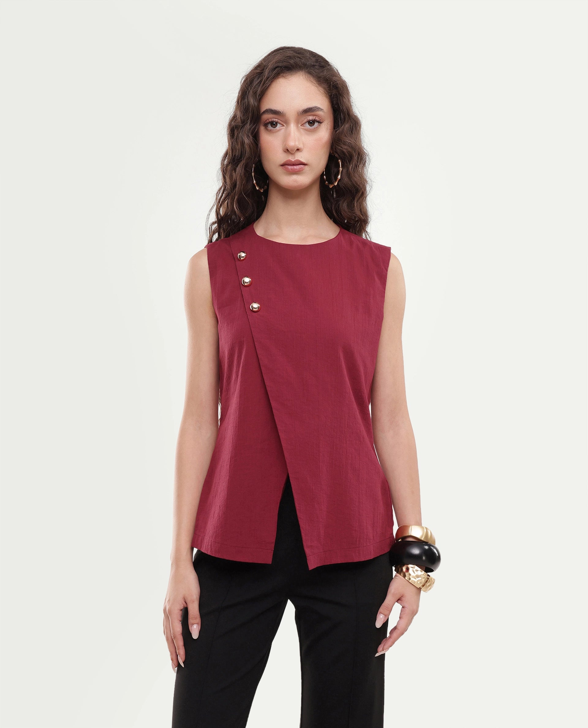 Rareism Women's Fent Dark Red Cotton Button Shift Top