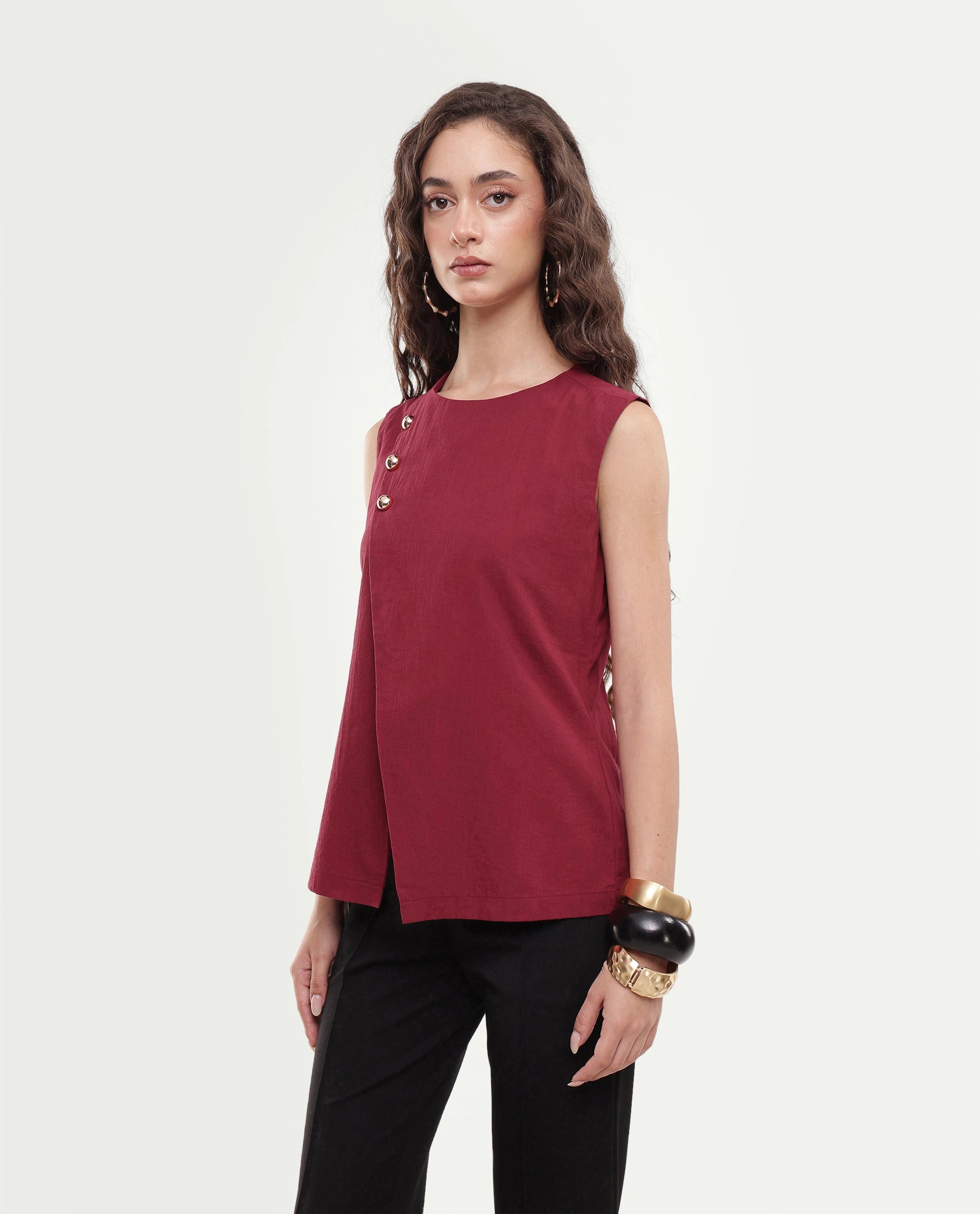 Rareism Women's Fent Dark Red Cotton Button Shift Top