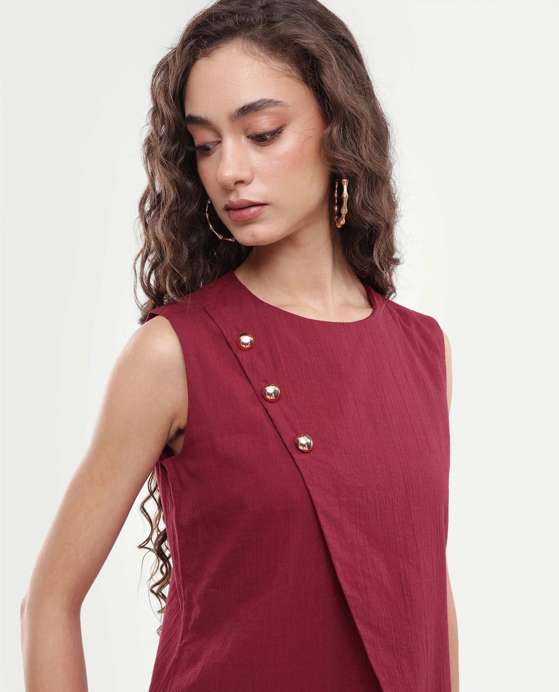 Rareism Women's Fent Dark Red Cotton Button Shift Top