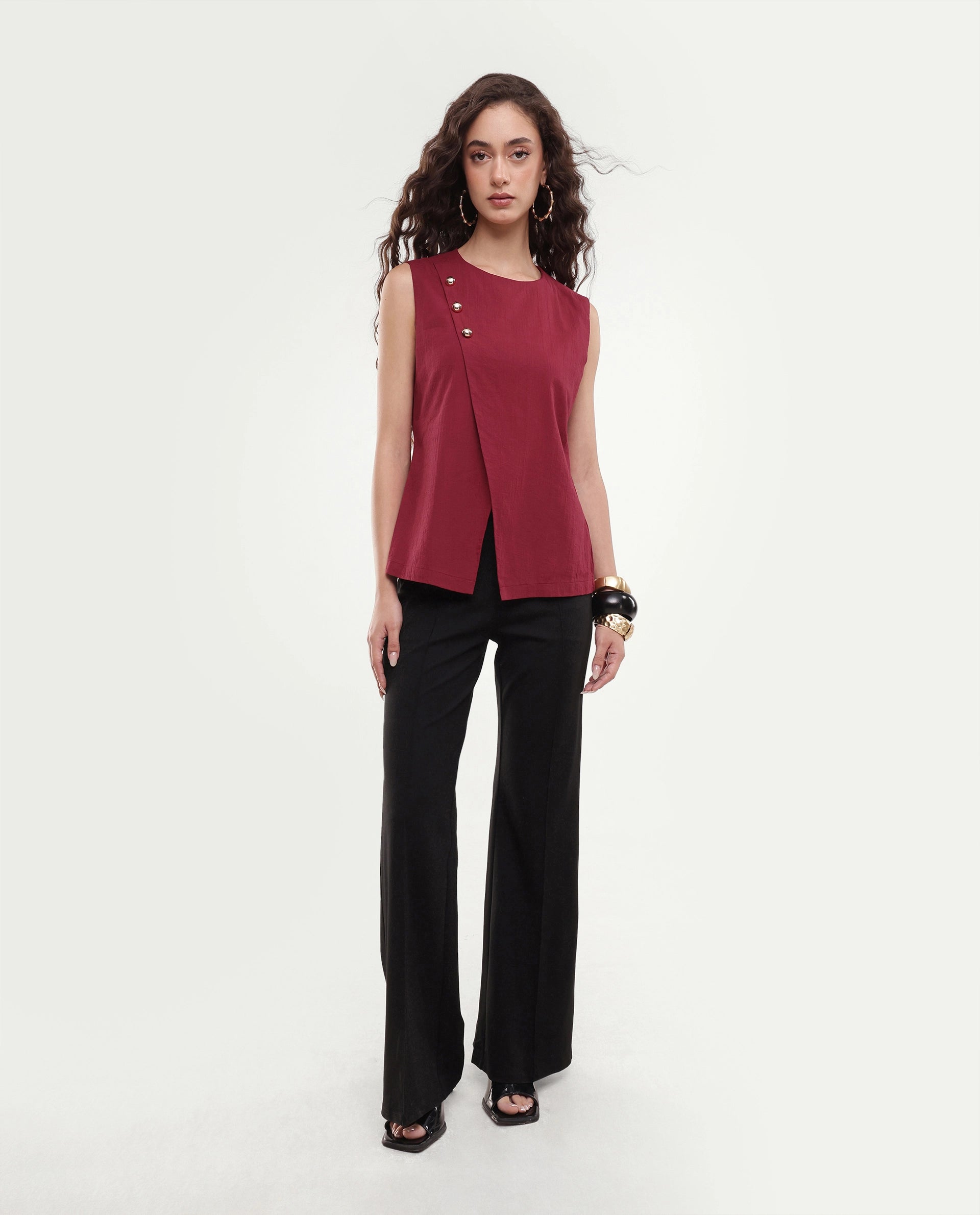 Rareism Women's Fent Dark Red Cotton Button Shift Top