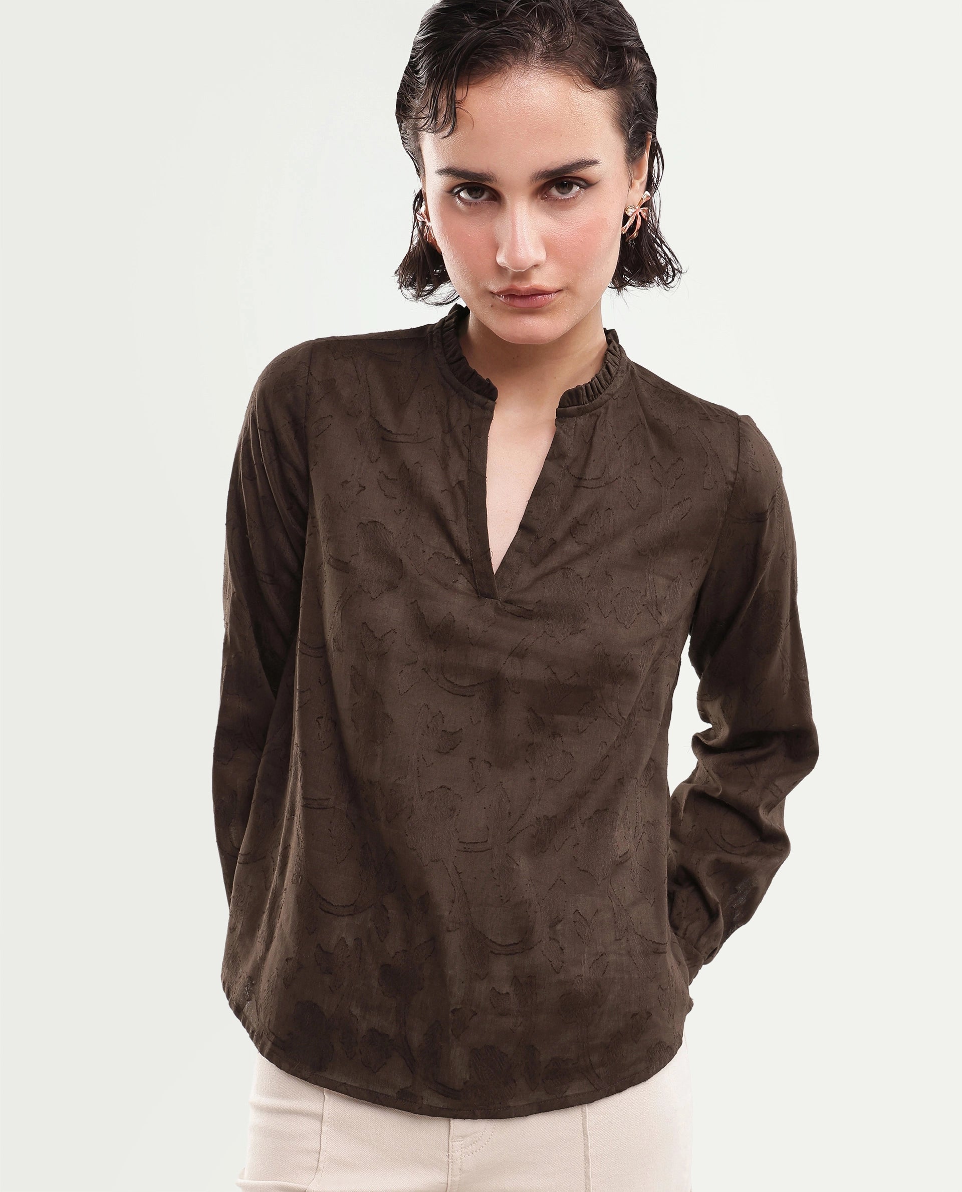 Rareism Women's Fom Dark Brown Abstract Cotton Regular Long Sleeves Top