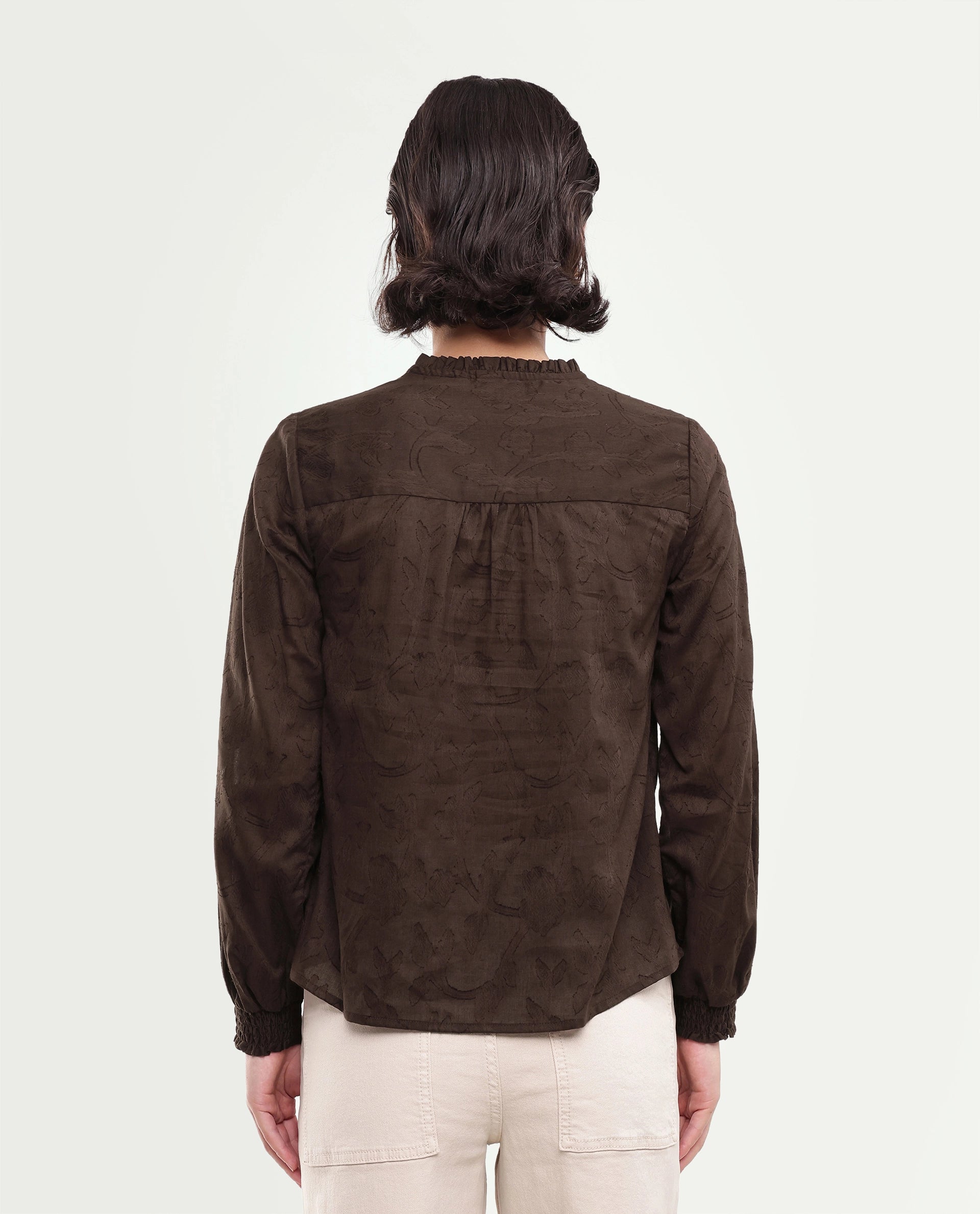 Rareism Women's Fom Dark Brown Abstract Cotton Regular Long Sleeves Top