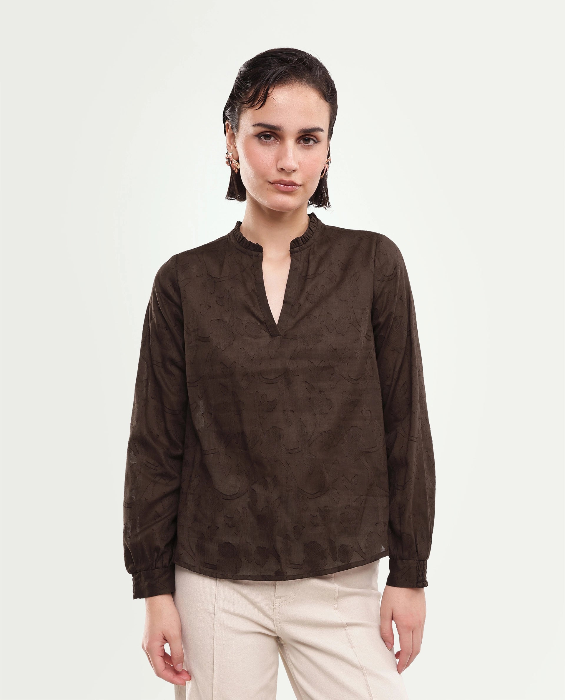 Rareism Women's Fom Dark Brown Abstract Cotton Regular Long Sleeves Top
