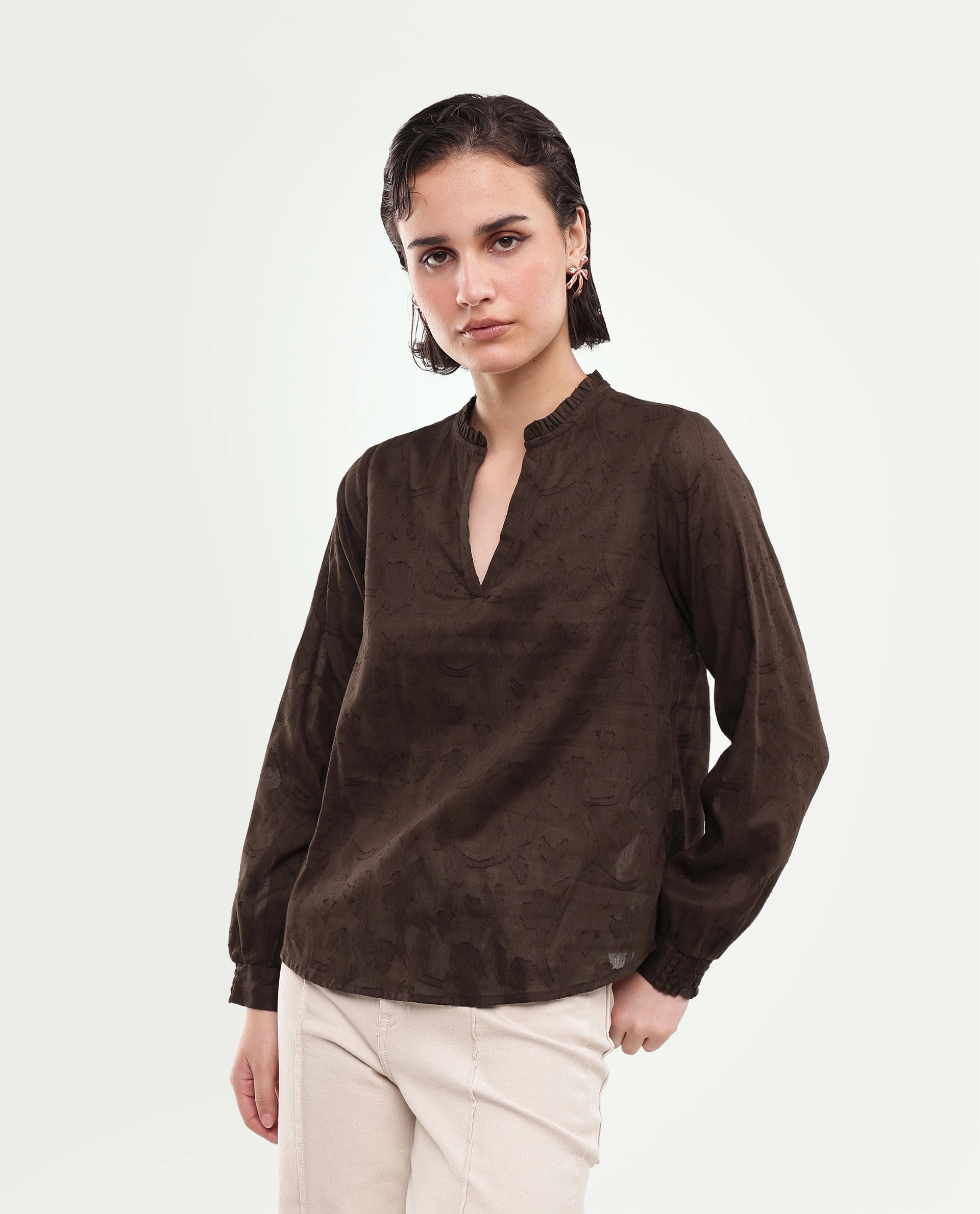 Rareism Women's Fom Dark Brown Abstract Cotton Regular Long Sleeves Top