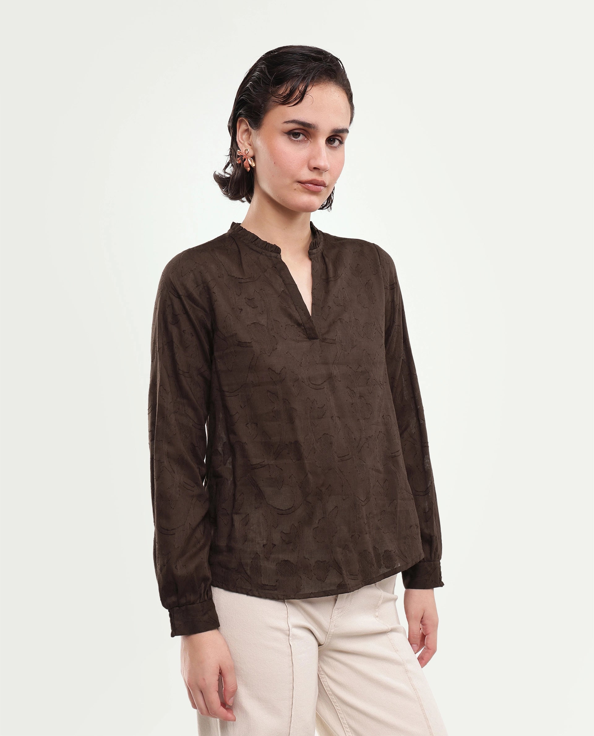 Rareism Women's Fom Dark Brown Abstract Cotton Regular Long Sleeves Top