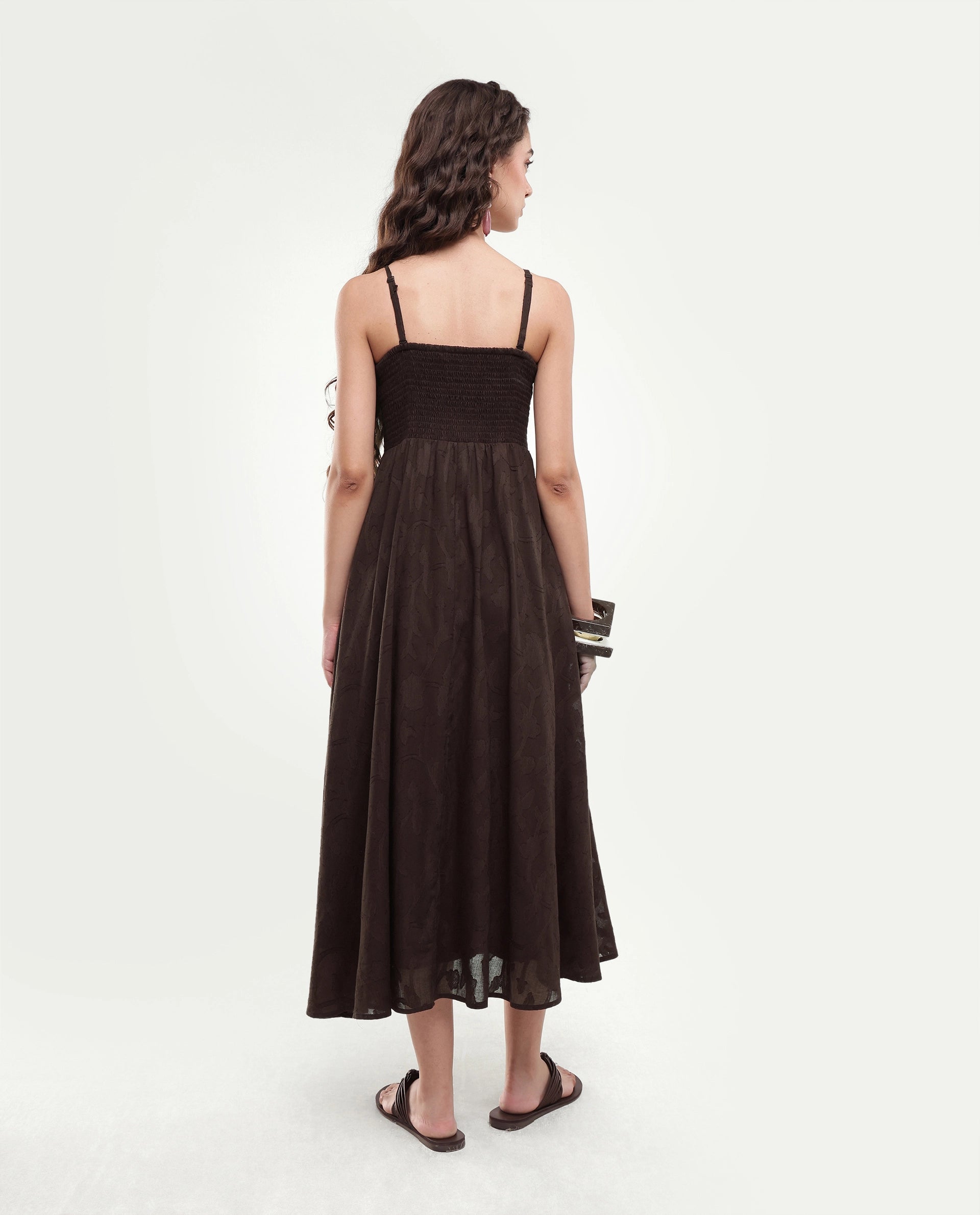 Rareism Women's Fomy Dark Brown Textured Cotton Fit And Flare Sleeveless Dress