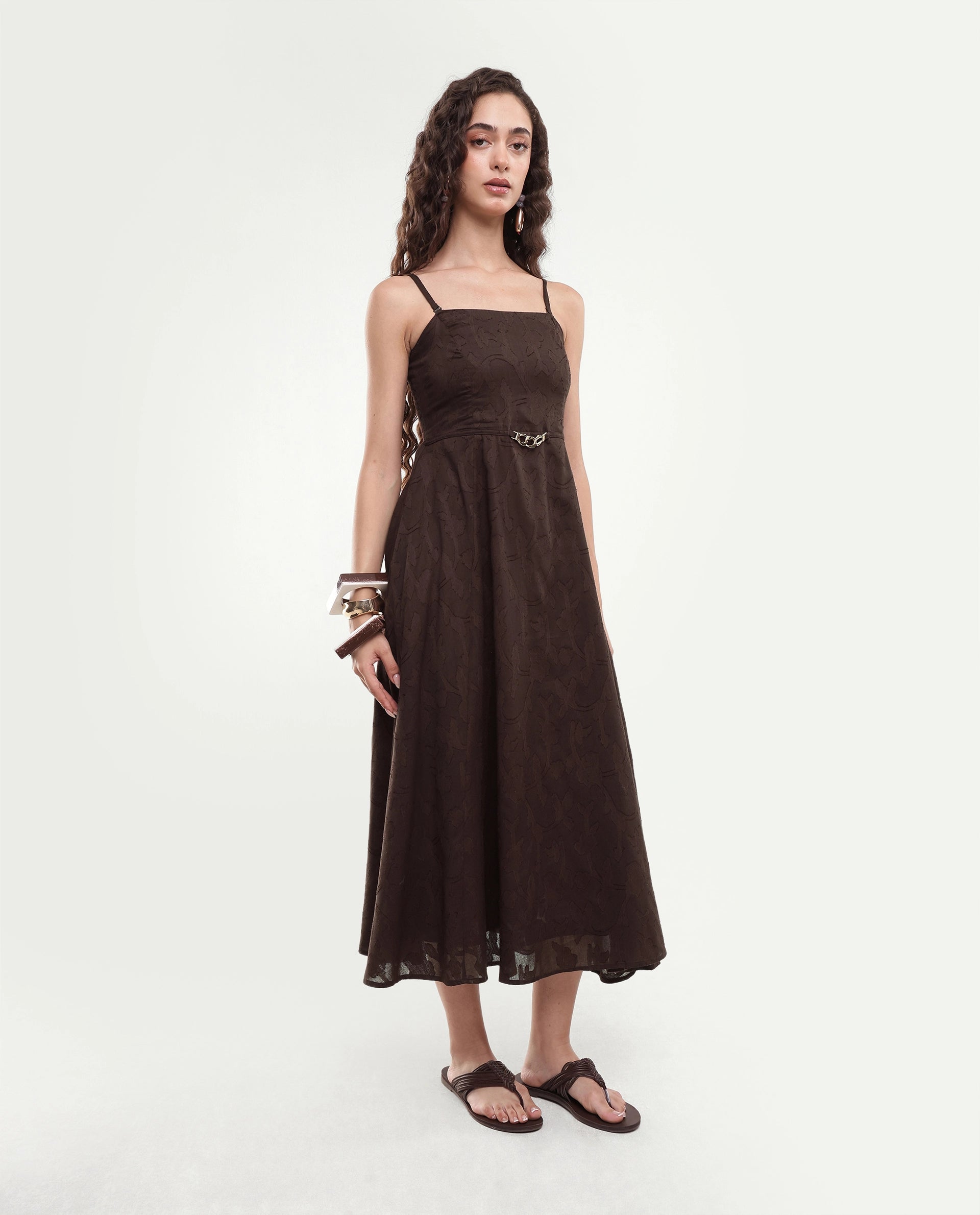 Rareism Women's Fomy Dark Brown Textured Cotton Fit And Flare Sleeveless Dress