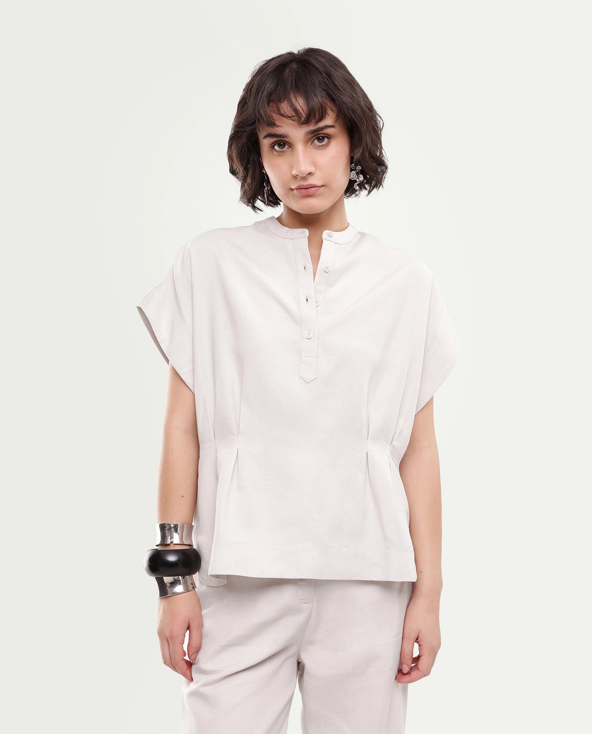 Rareism Women's Fite-T Light Beige Plain Linen Blend Boxy Short Sleeves Top