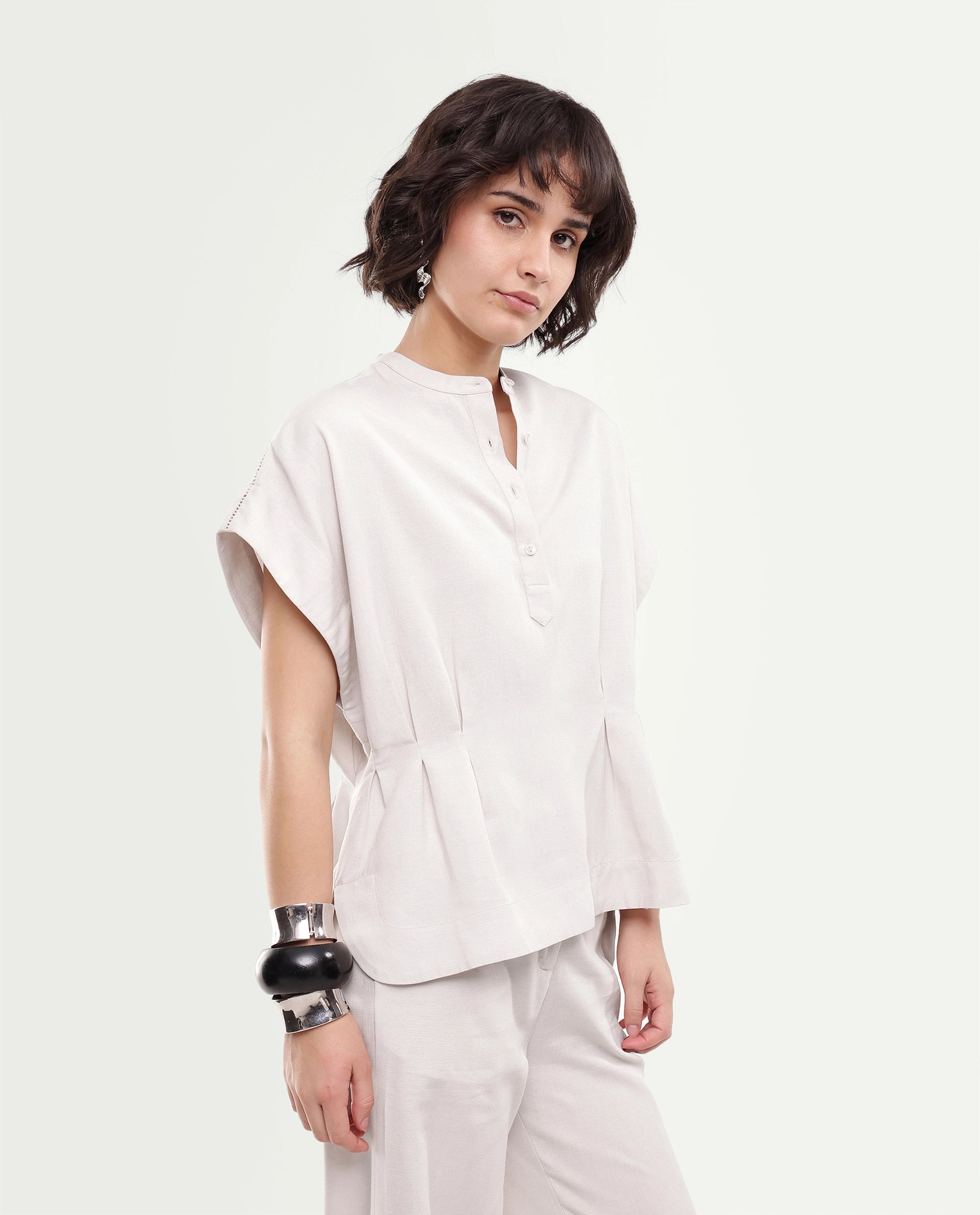 Rareism Women's Fite-T Light Beige Plain Linen Blend Boxy Short Sleeves Top