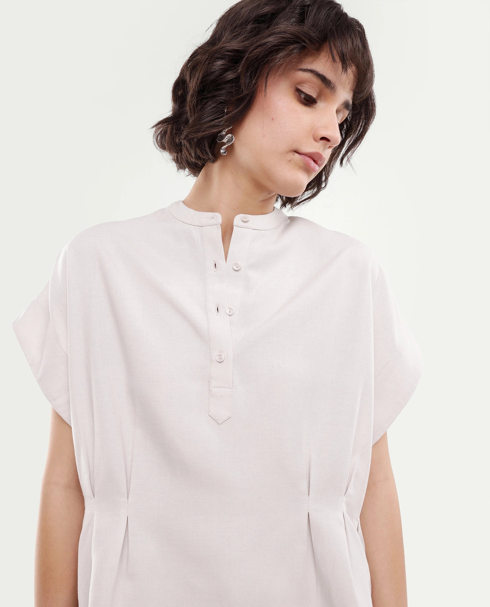 Rareism Women's Fite-T Light Beige Plain Linen Blend Boxy Short Sleeves Top