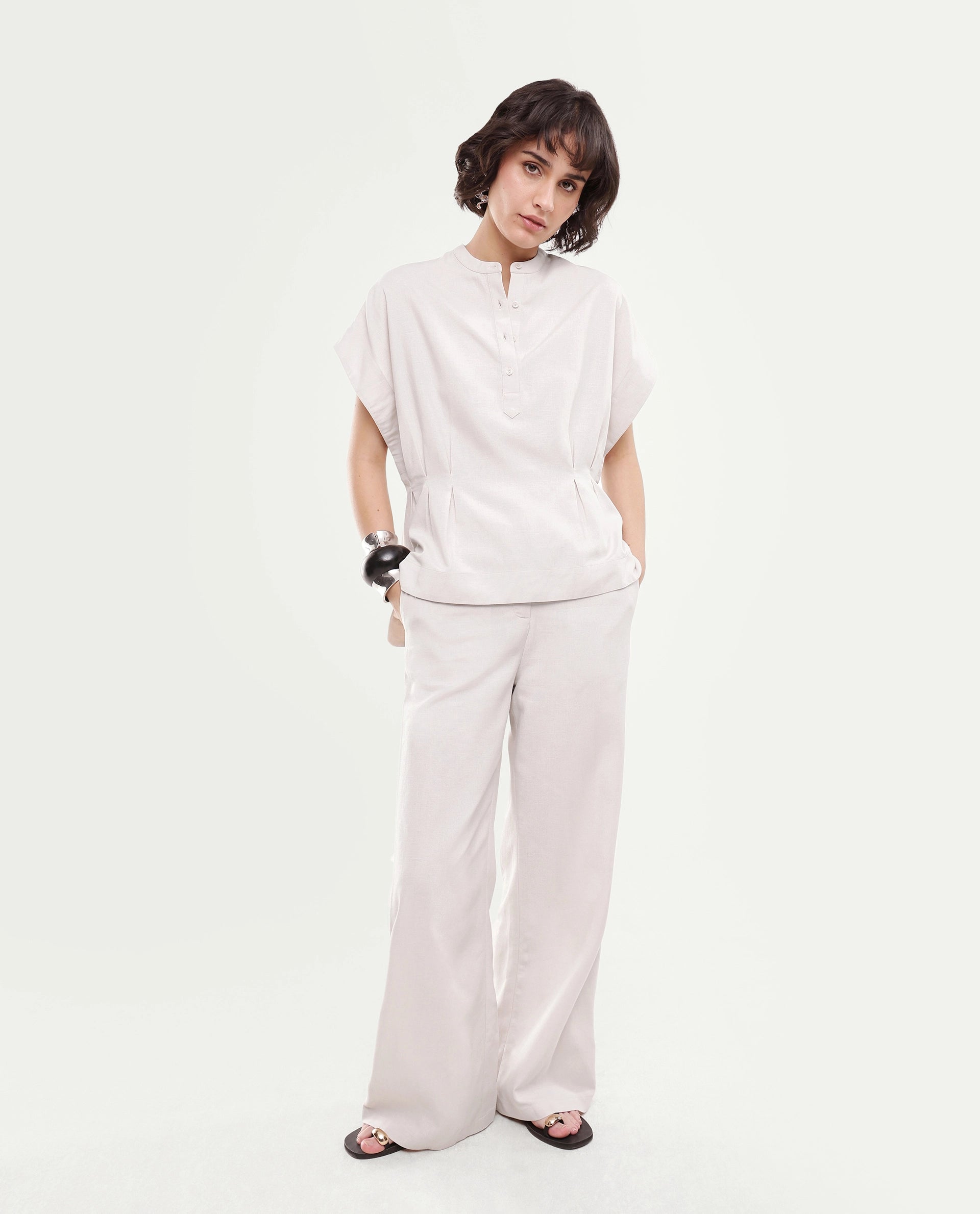 Rareism Women's Fite-T Light Beige Plain Linen Blend Boxy Short Sleeves Top