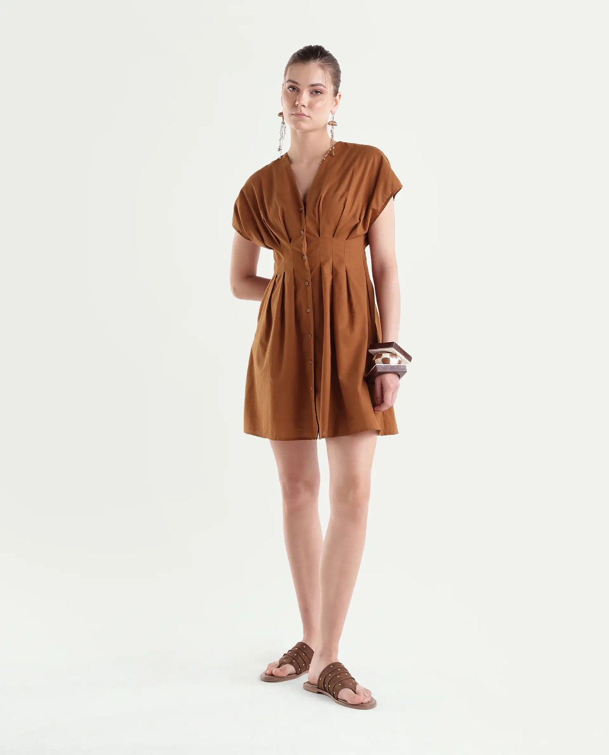 Rareism Women's Finny Dark Mustard Cotton Button A-Line Dress