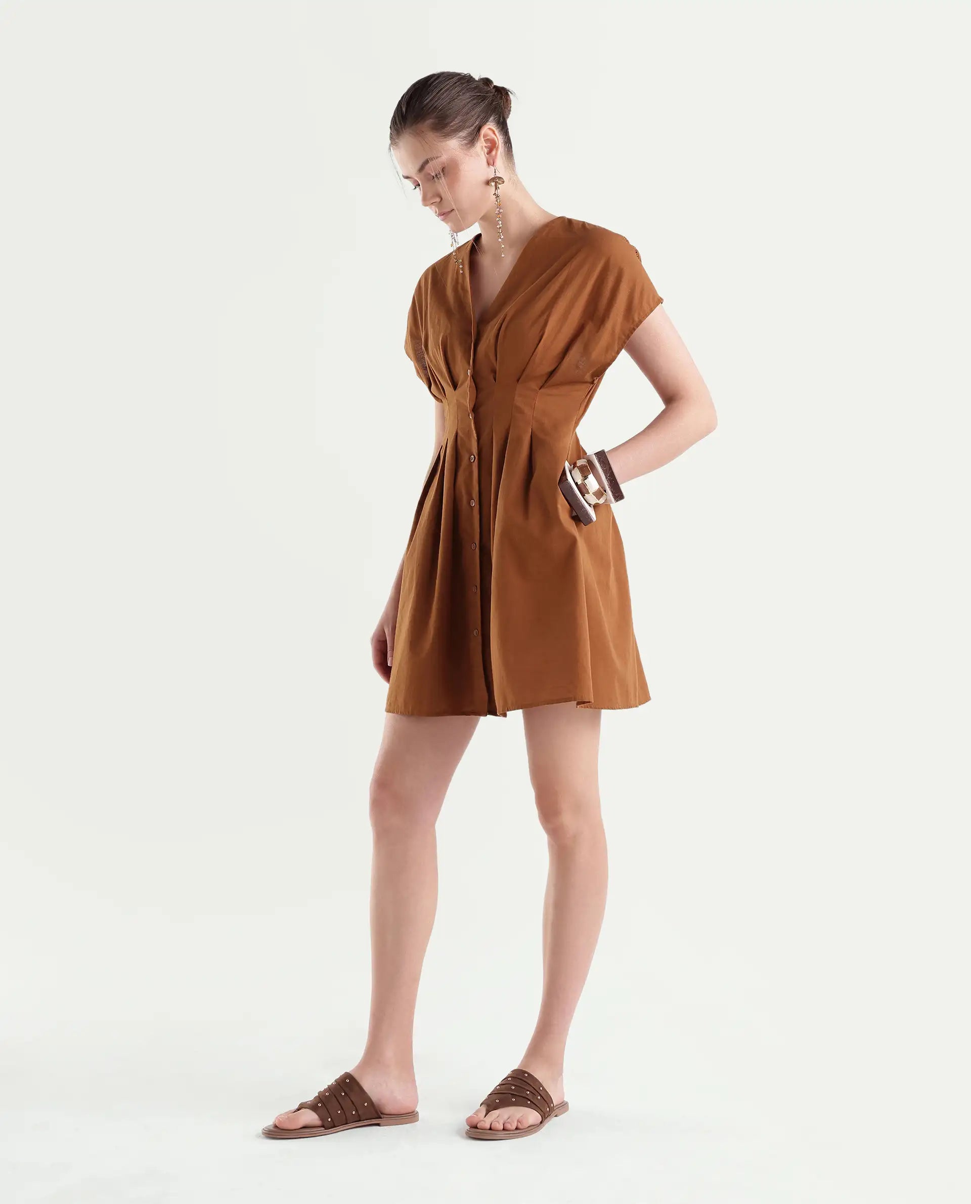 Rareism Women's Finny Dark Mustard Cotton Button A-Line Dress