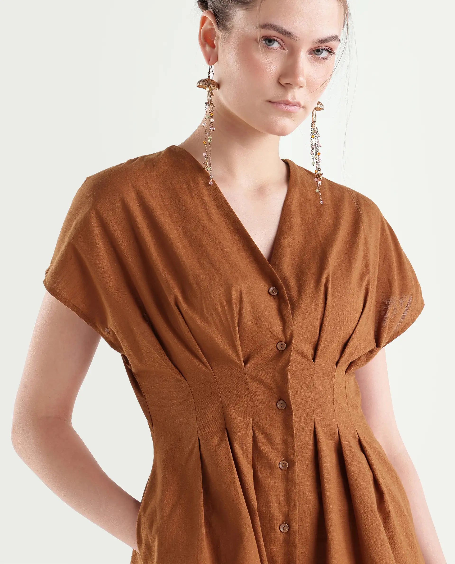 Rareism Women's Finny Dark Mustard Cotton Button A-Line Dress