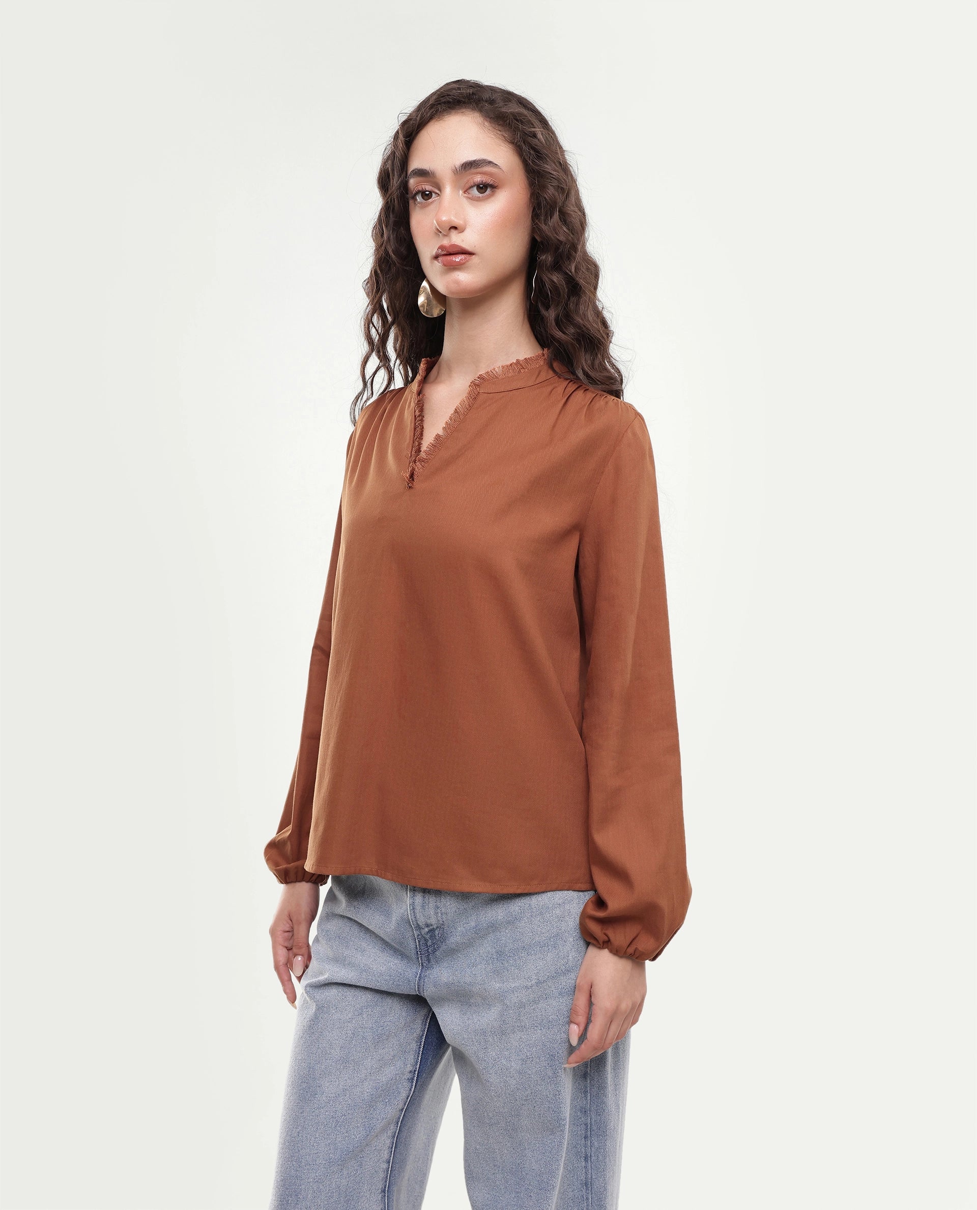 Rareism Women's Fring Dark Mustard Plain Cotton Regular Fit Long Sleeve Top