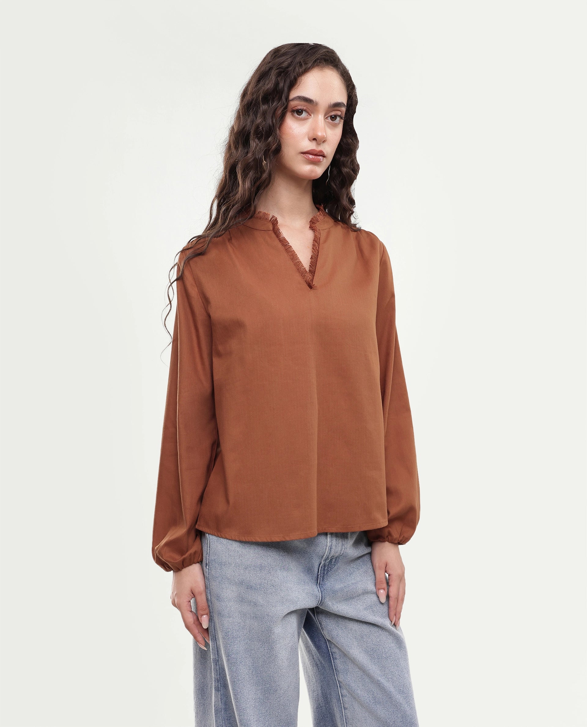 Rareism Women's Fring Dark Mustard Plain Cotton Regular Fit Long Sleeve Top
