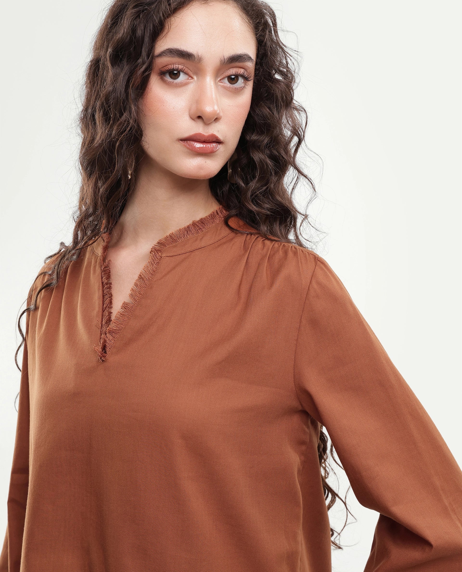 Rareism Women's Fring Dark Mustard Plain Cotton Regular Fit Long Sleeve Top