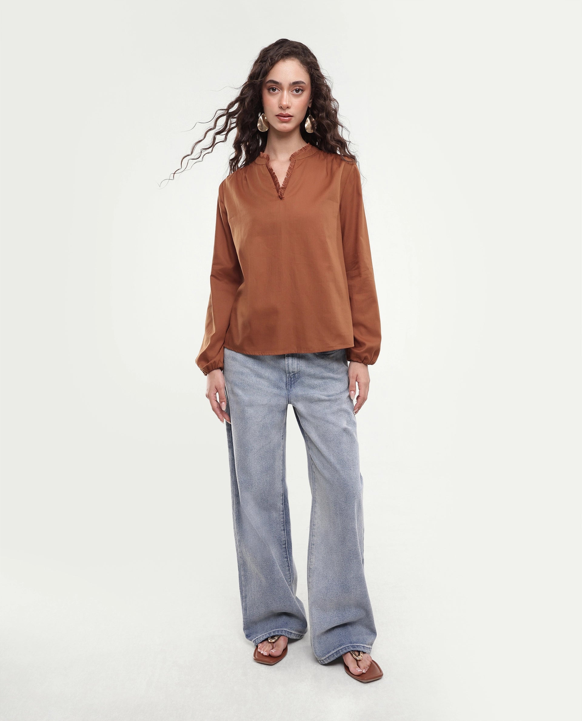 Rareism Women's Fring Dark Mustard Plain Cotton Regular Fit Long Sleeve Top