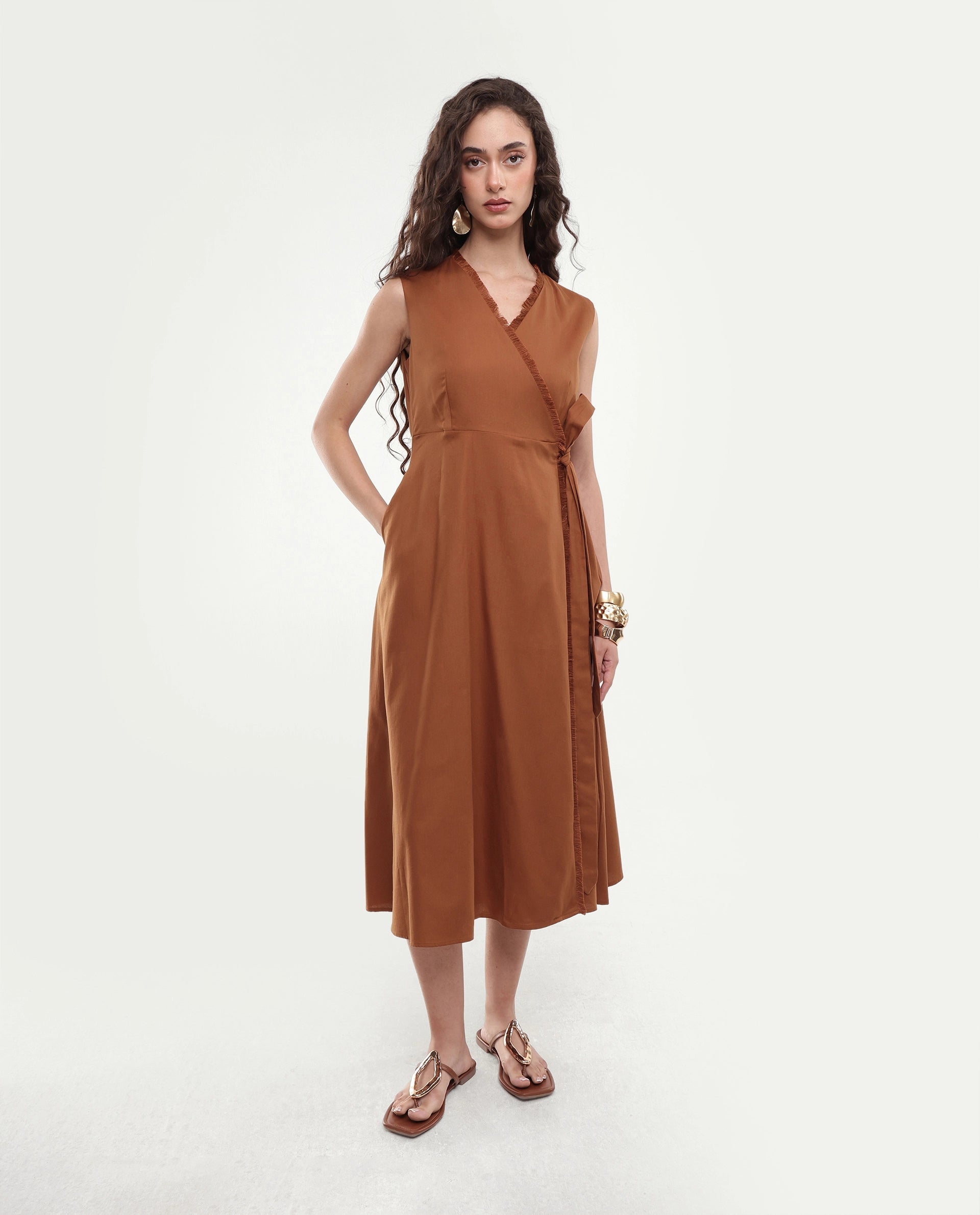 Rareism Women's Fringet Dark Mustard Plain Cotton Wrap Sleeveless Dress